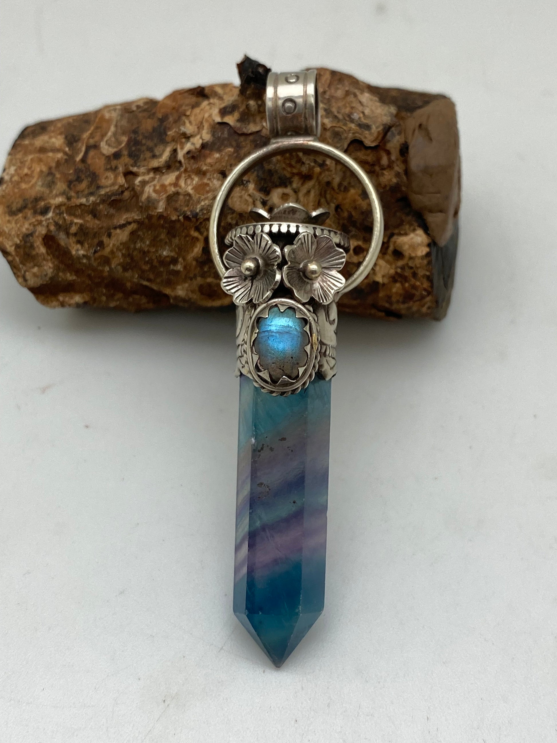 Fluorite point pendant, healing sone, set with labradorite,tibetan repousse silver,floral,handcrafted,Himalayan,Nepalese,