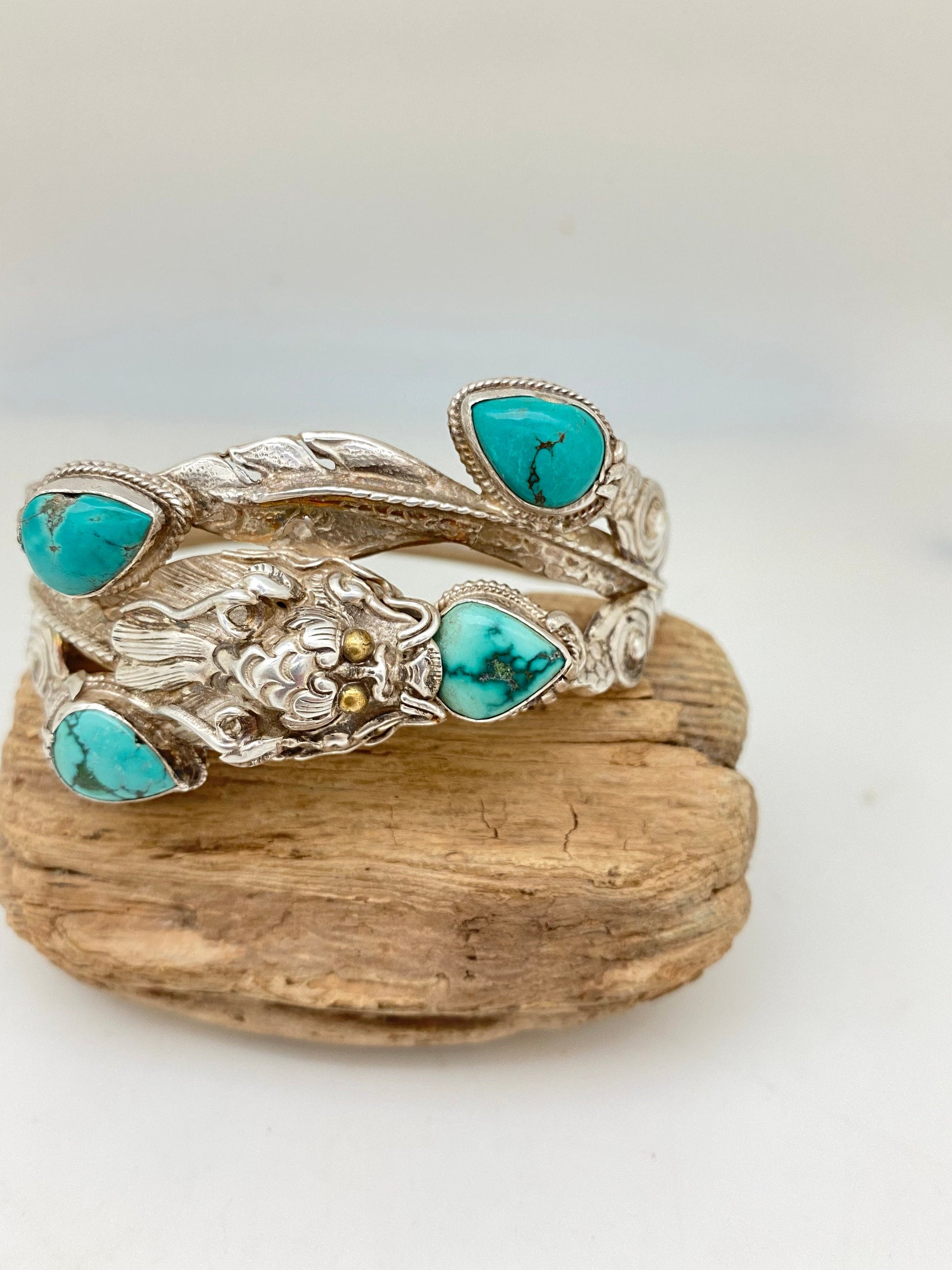 large dragon bracelet,bangle ,turquoise,handcrafted,sterling silver,himalayan,Nepalese,Tibetan design,ethnic