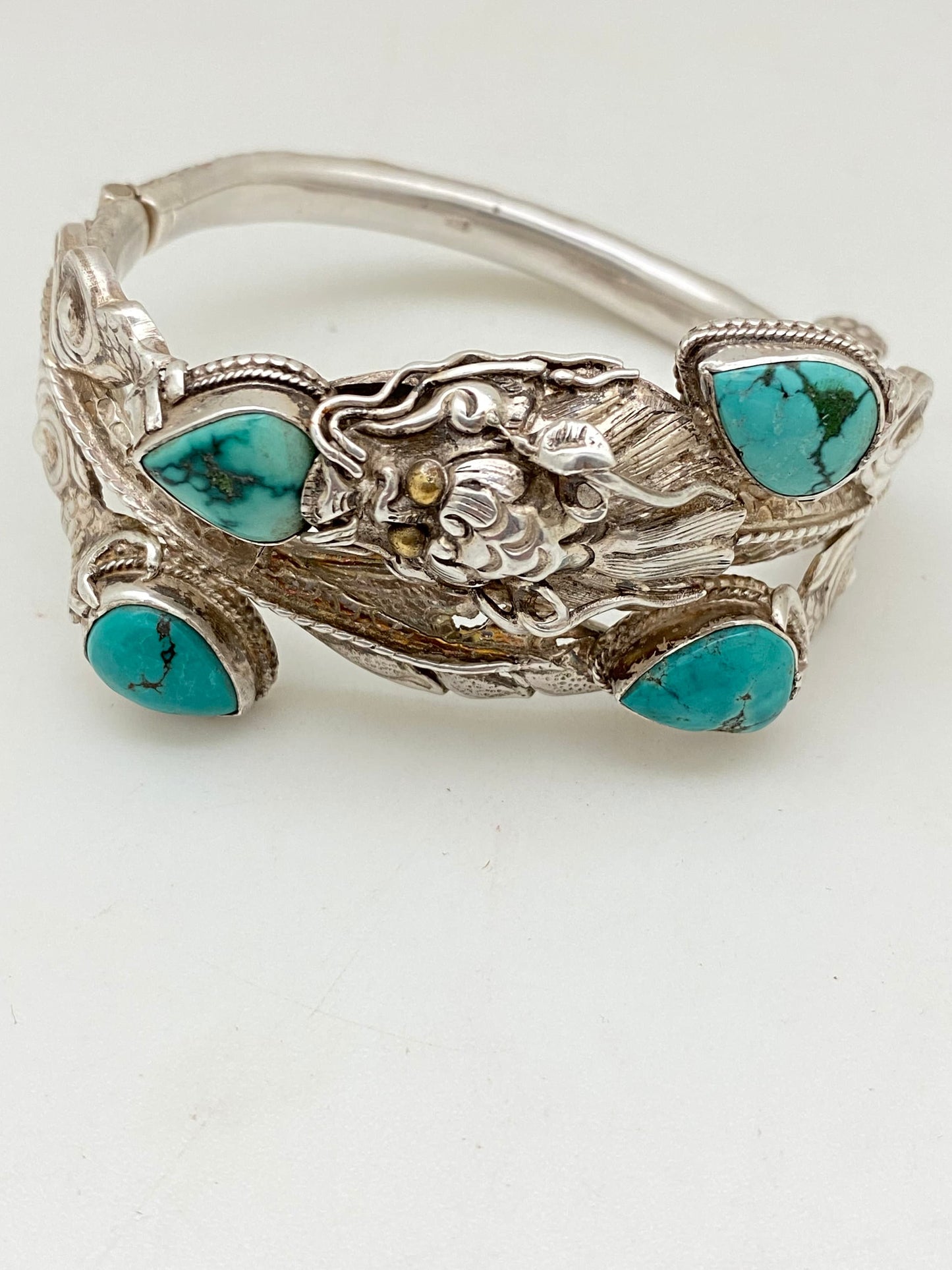 large dragon bracelet,bangle ,turquoise,handcrafted,sterling silver,himalayan,Nepalese,Tibetan design,ethnic