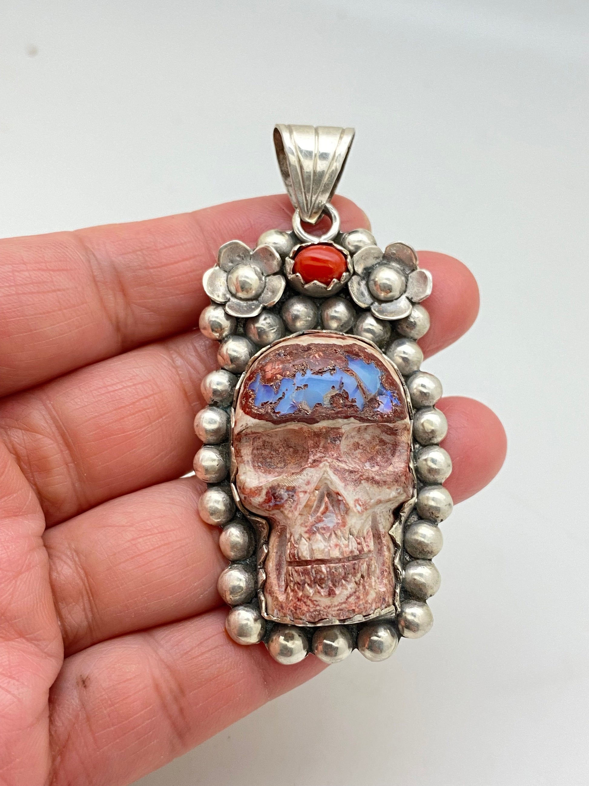 Opal skull, pendant set with coral,mexican opal, sterling silver,floral,handcrafted,Himalayan,Nepalese,floral