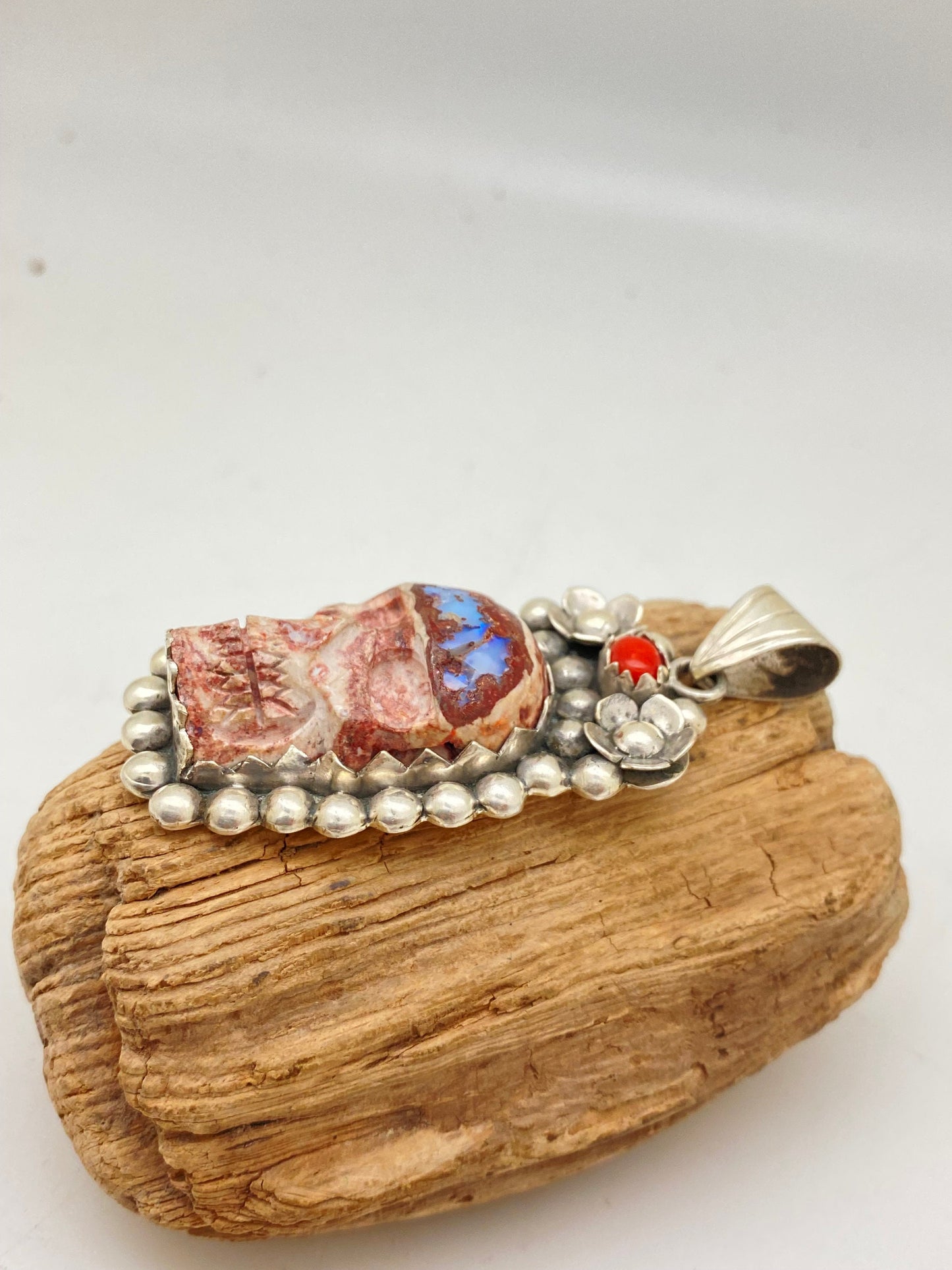 Opal skull, pendant set with coral,mexican opal, sterling silver,floral,handcrafted,Himalayan,Nepalese,floral