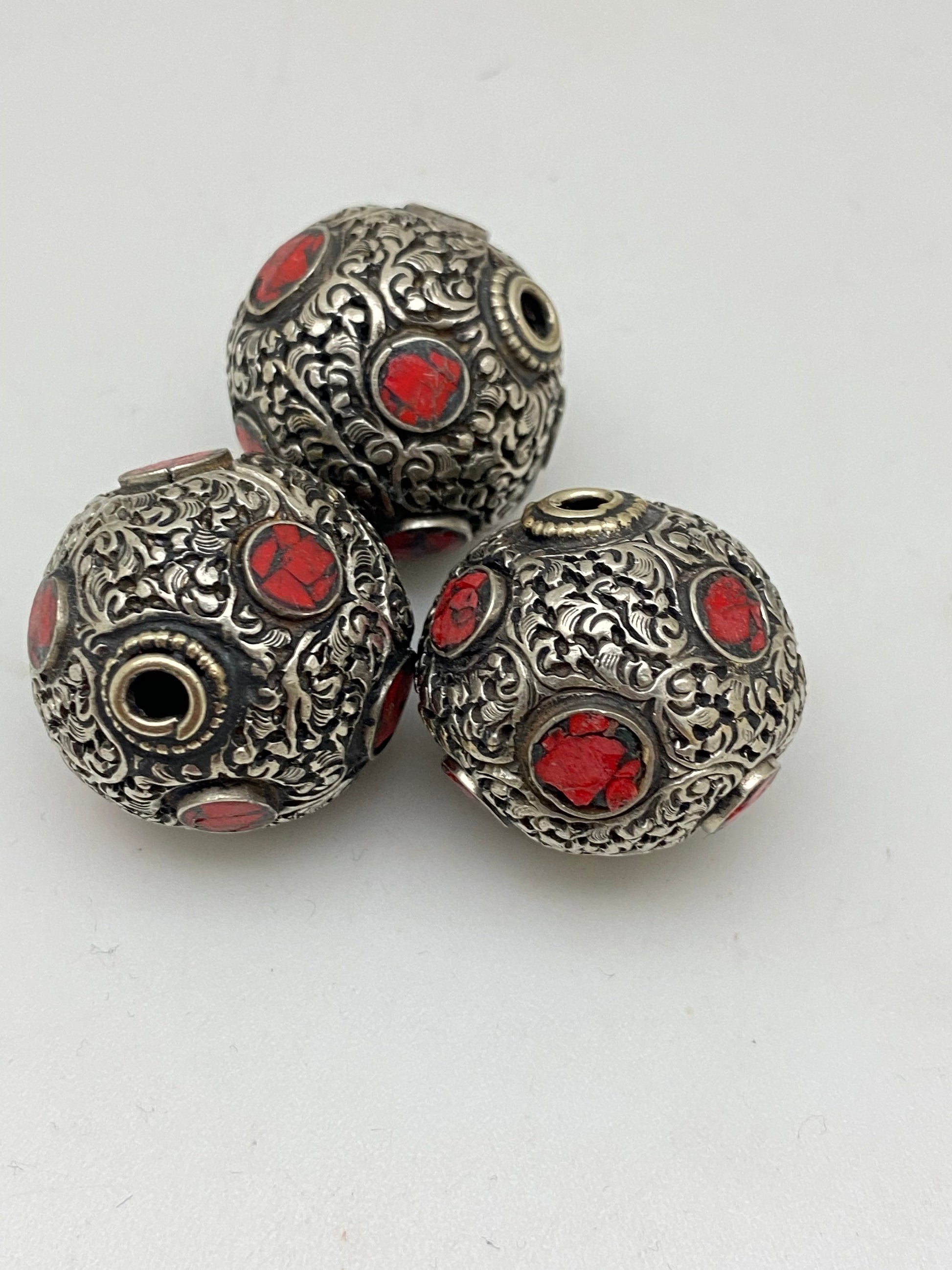 Coral Inlaid Tibetan Silver Bead: Handcrafted Nepalese Bead (30mm)