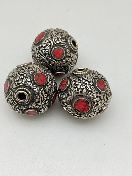 Coral Inlaid Tibetan Silver Bead: Handcrafted Nepalese Bead (30mm)
