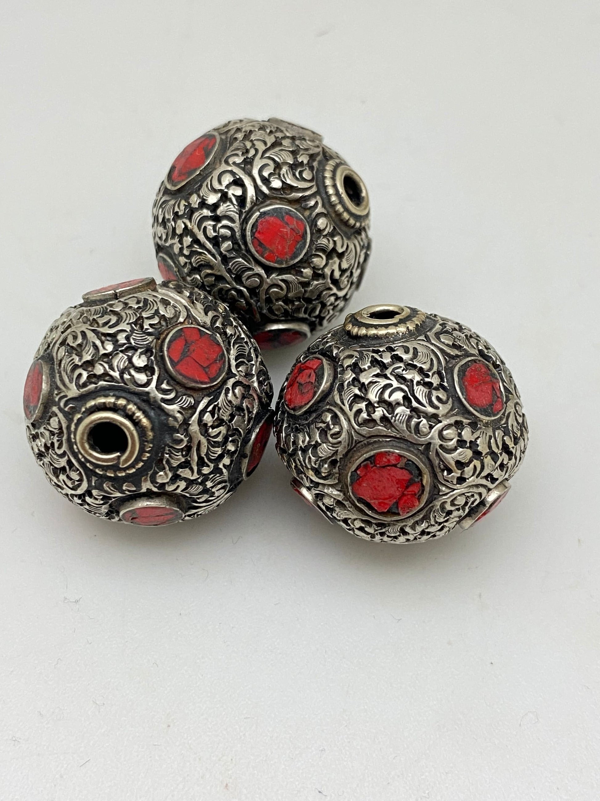 Coral Inlaid Tibetan Silver Bead: Handcrafted Nepalese Bead (30mm)