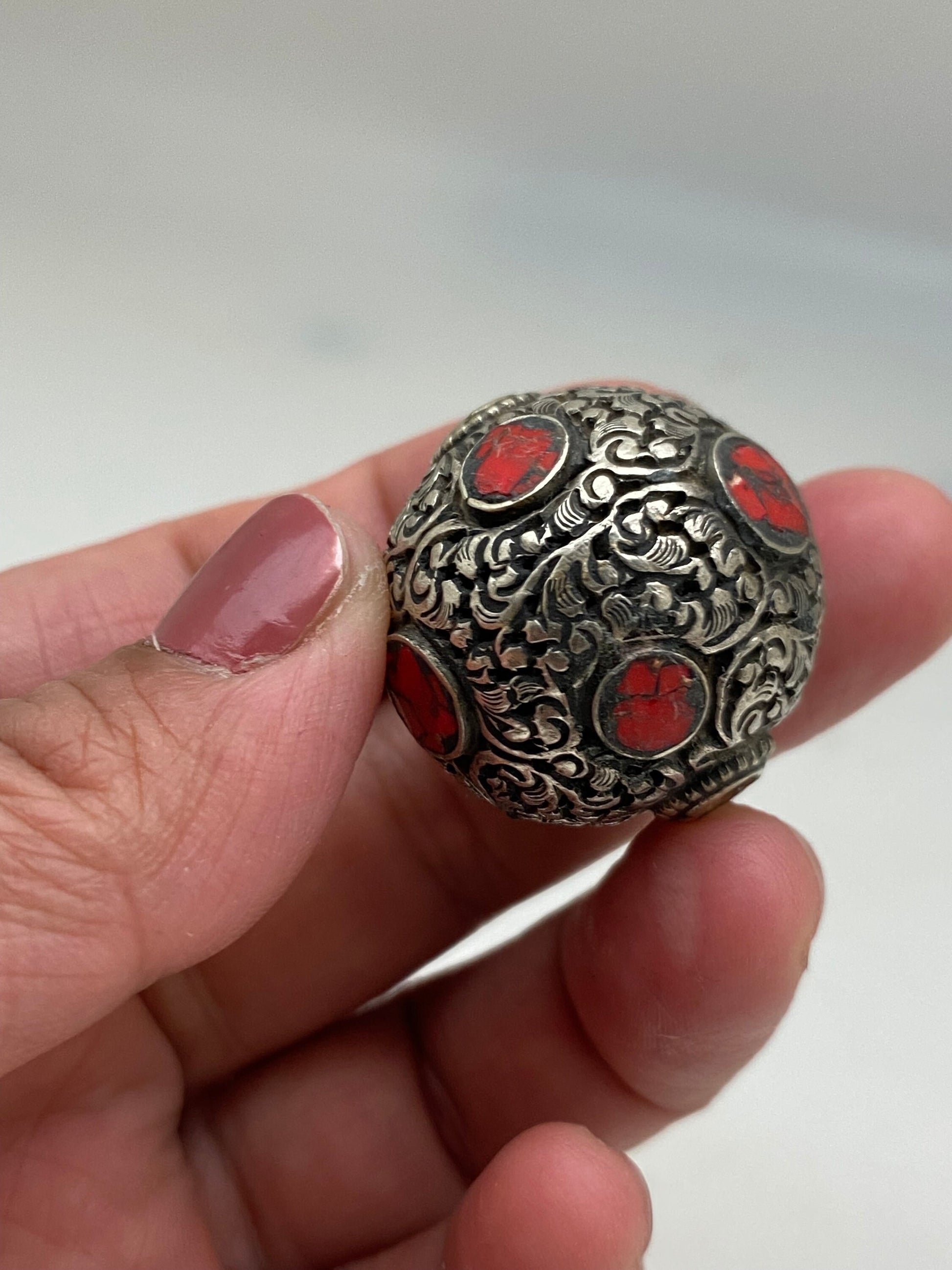Coral Inlaid Tibetan Silver Bead: Handcrafted Nepalese Bead (30mm)