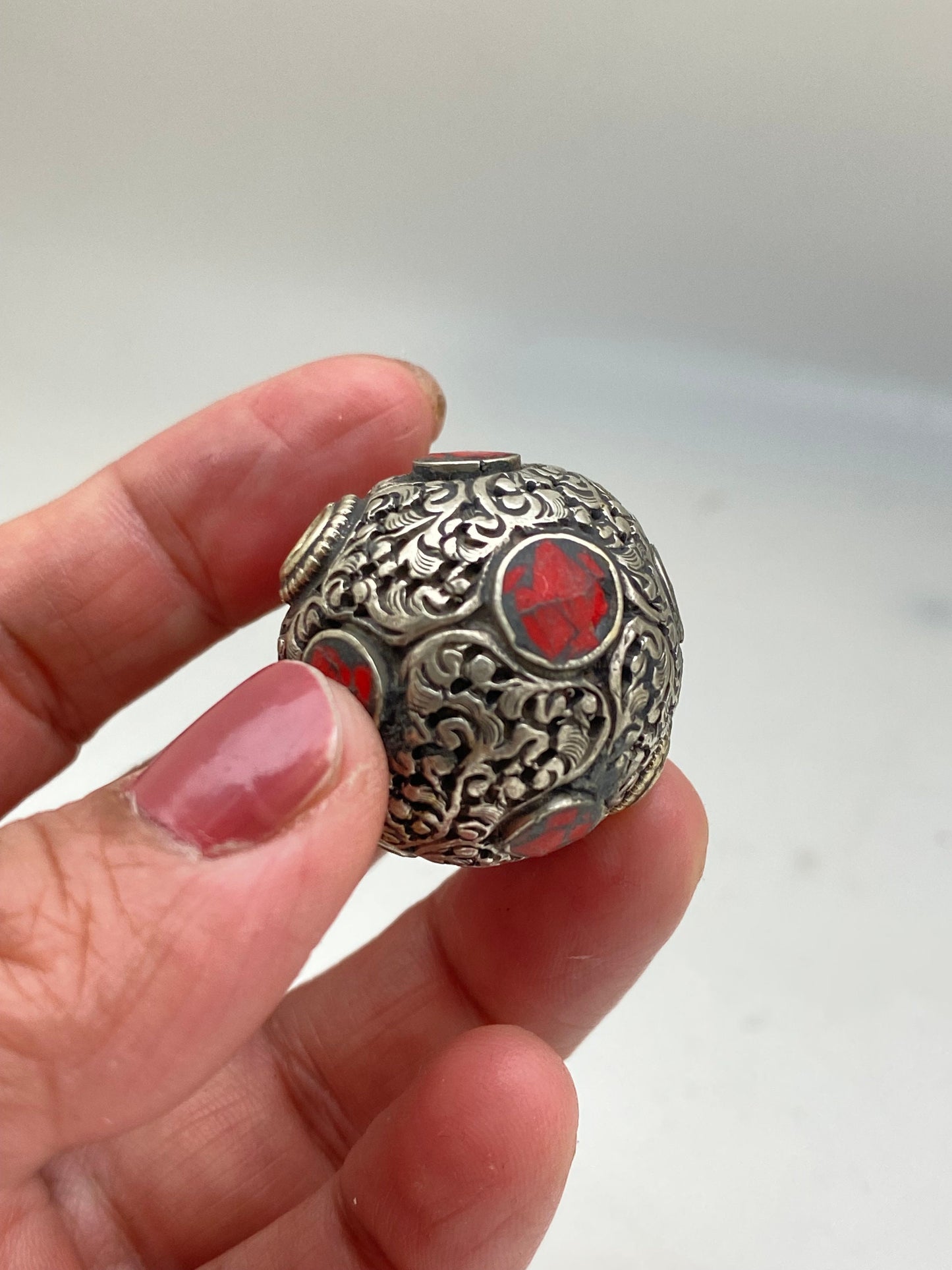 Coral Inlaid Tibetan Silver Bead: Handcrafted Nepalese Bead (30mm)