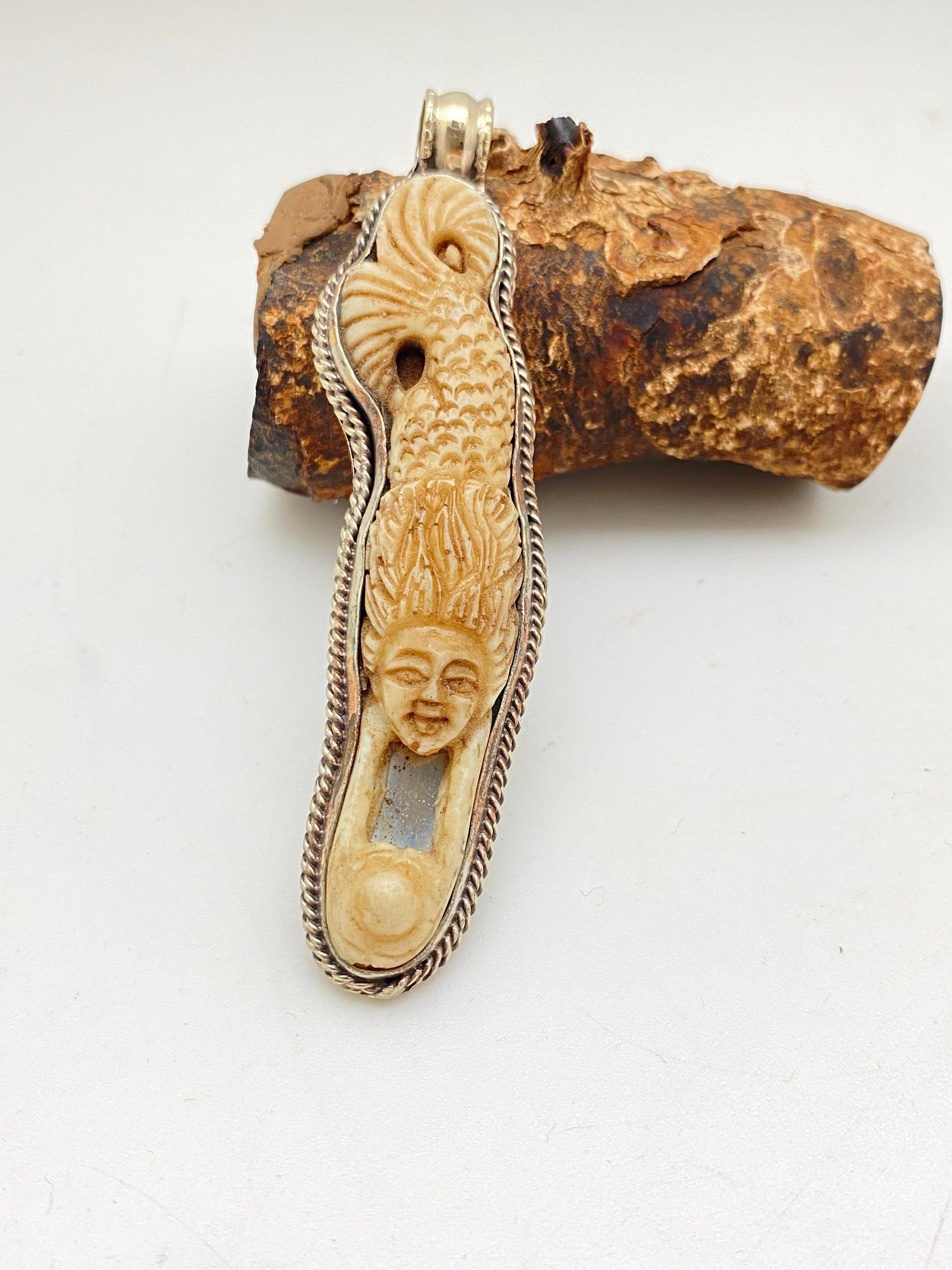mermaid pendant, bone carved, handcrafted,tibetan silver,Nepalese,