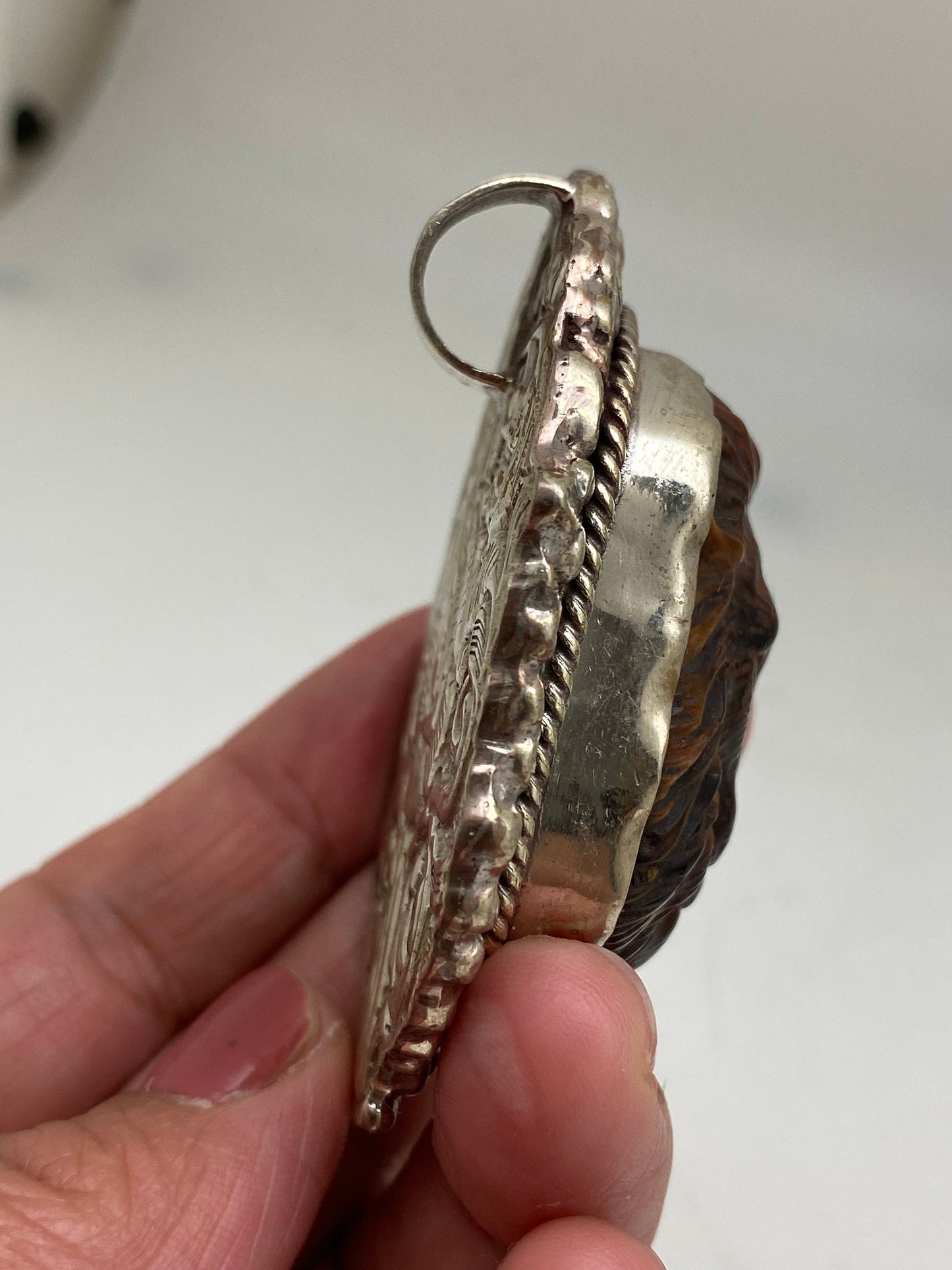 Tiger eye carved Lion pendant,animal pendant, handcrafted,tibetan silver,Himalayan,Nepalese,natural stone