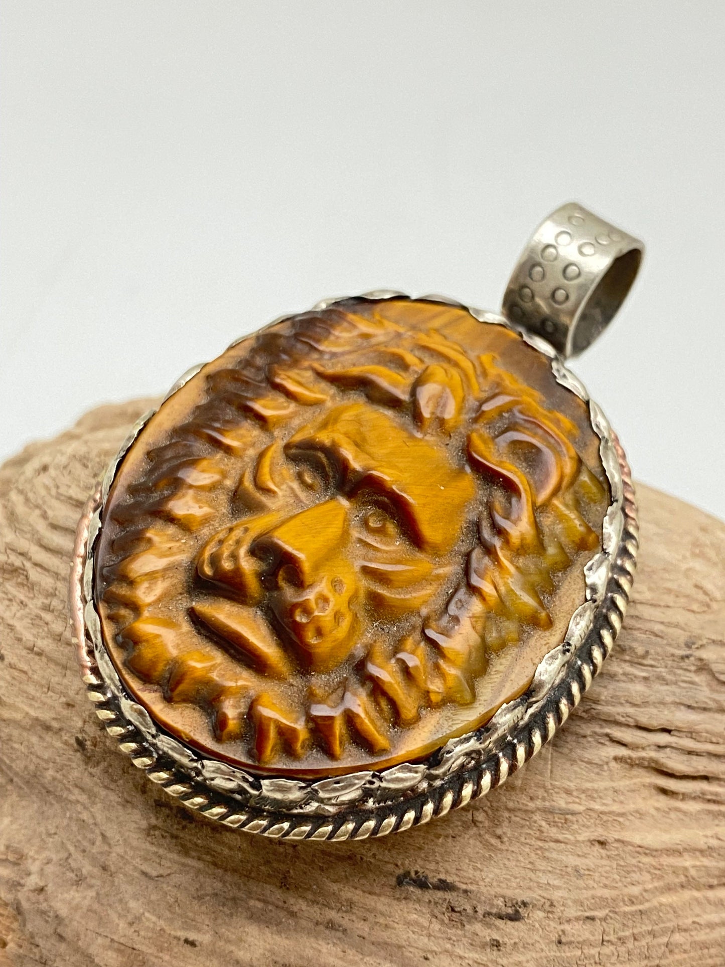 tiger eye carved lion pendant, tibetan silver, handcrafted,himalayan,Nepalese,