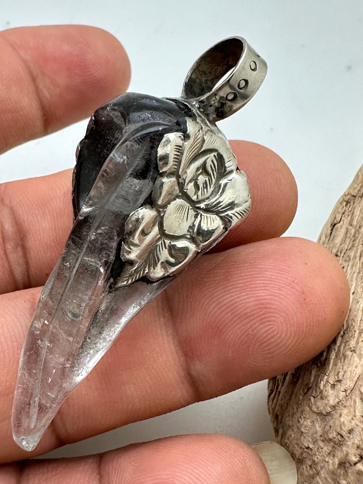 Crystal crow pendant, crow skull , handcrafted quartz crystal, natural turquoise with Tibetan silver