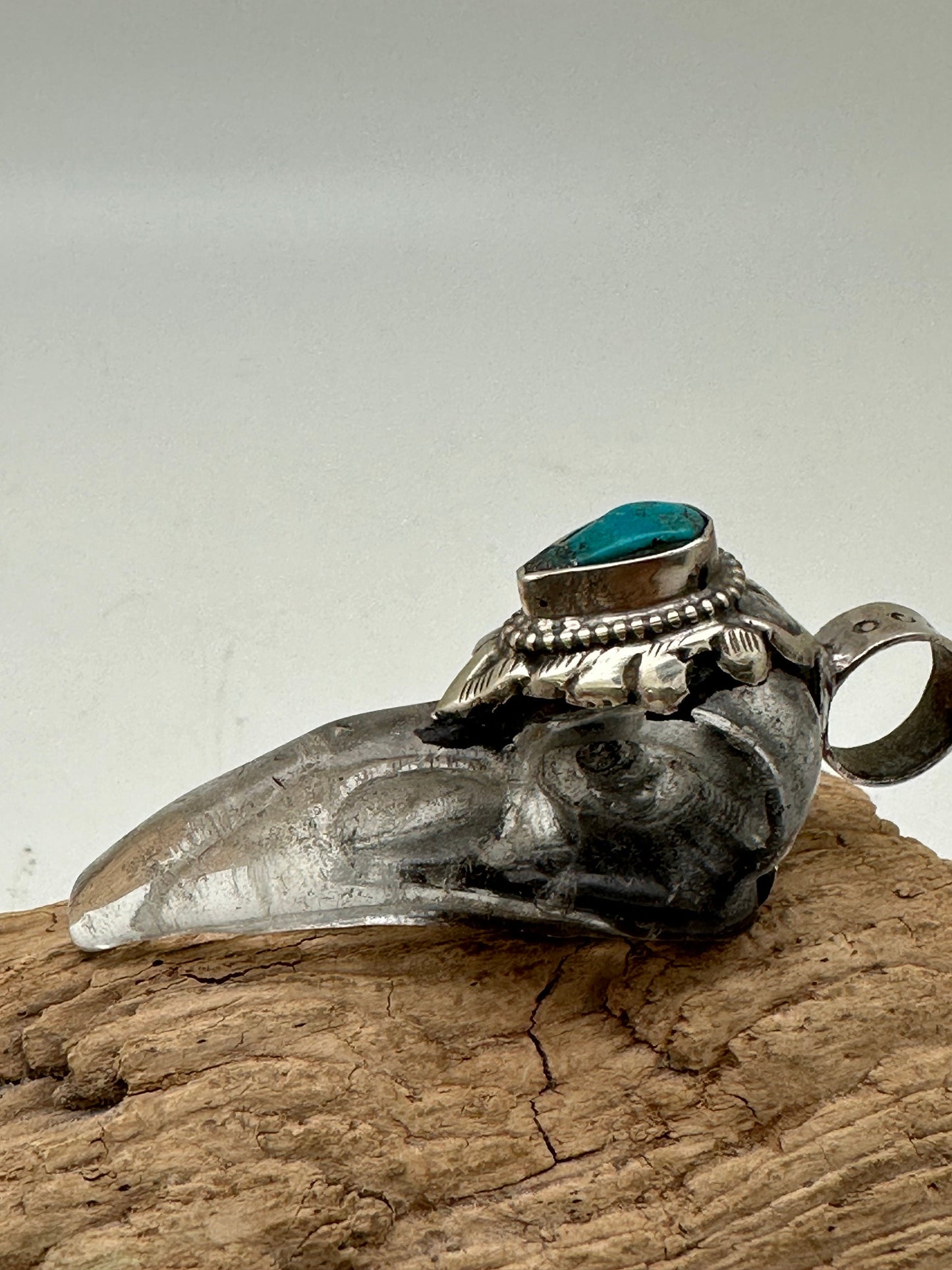 Crystal crow pendant, crow skull , handcrafted quartz crystal, natural turquoise with Tibetan silver