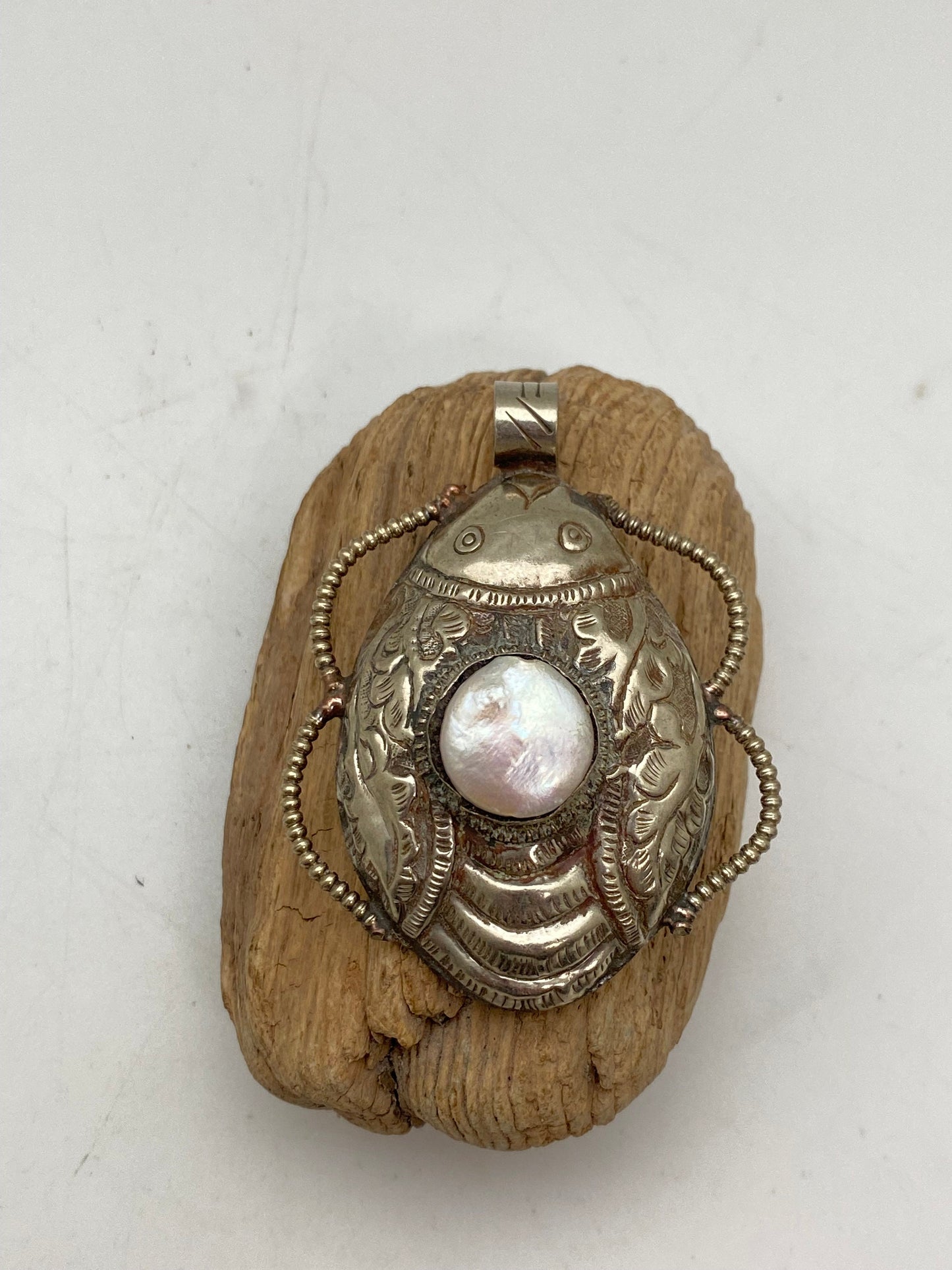 Scarab pendant, pearl, tibetansilver, handcrafted,ethnic design,Himalayan Nepalese