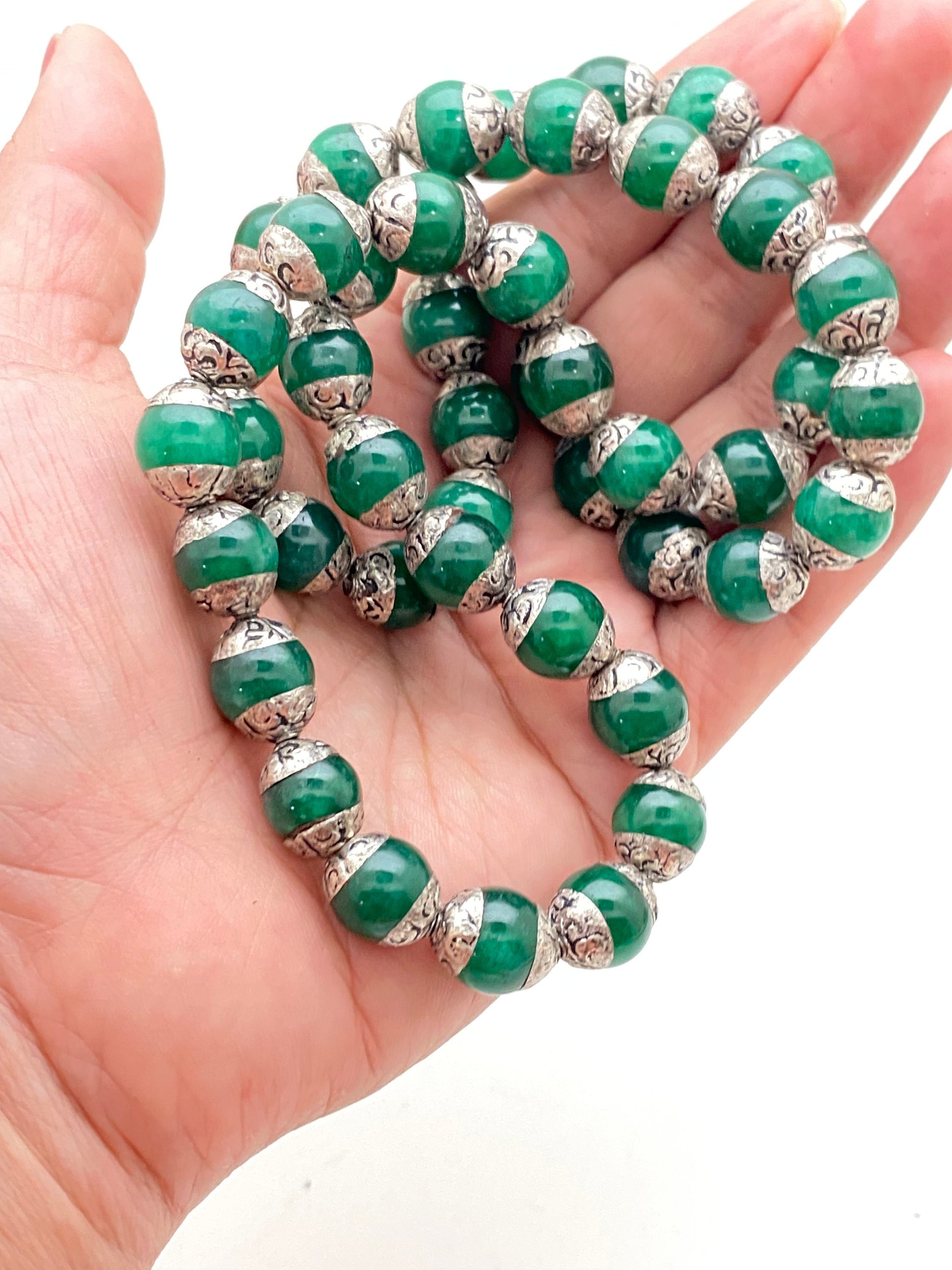 Emerald Bead Mala: Tibetan Silver Capped, Nepalese Himalayan Necklace