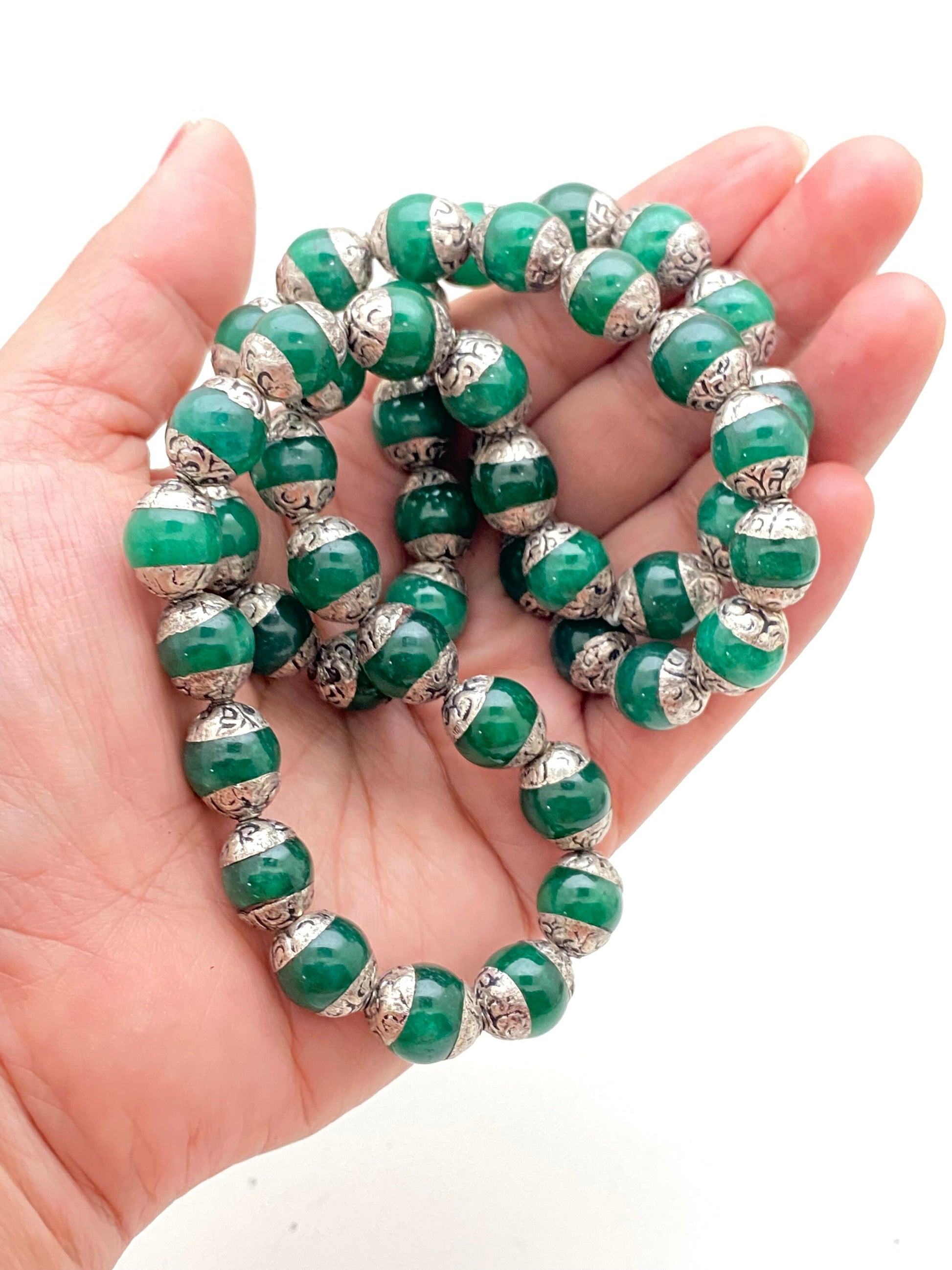 Emerald Bead Mala: Tibetan Silver Capped, Nepalese Himalayan Necklace