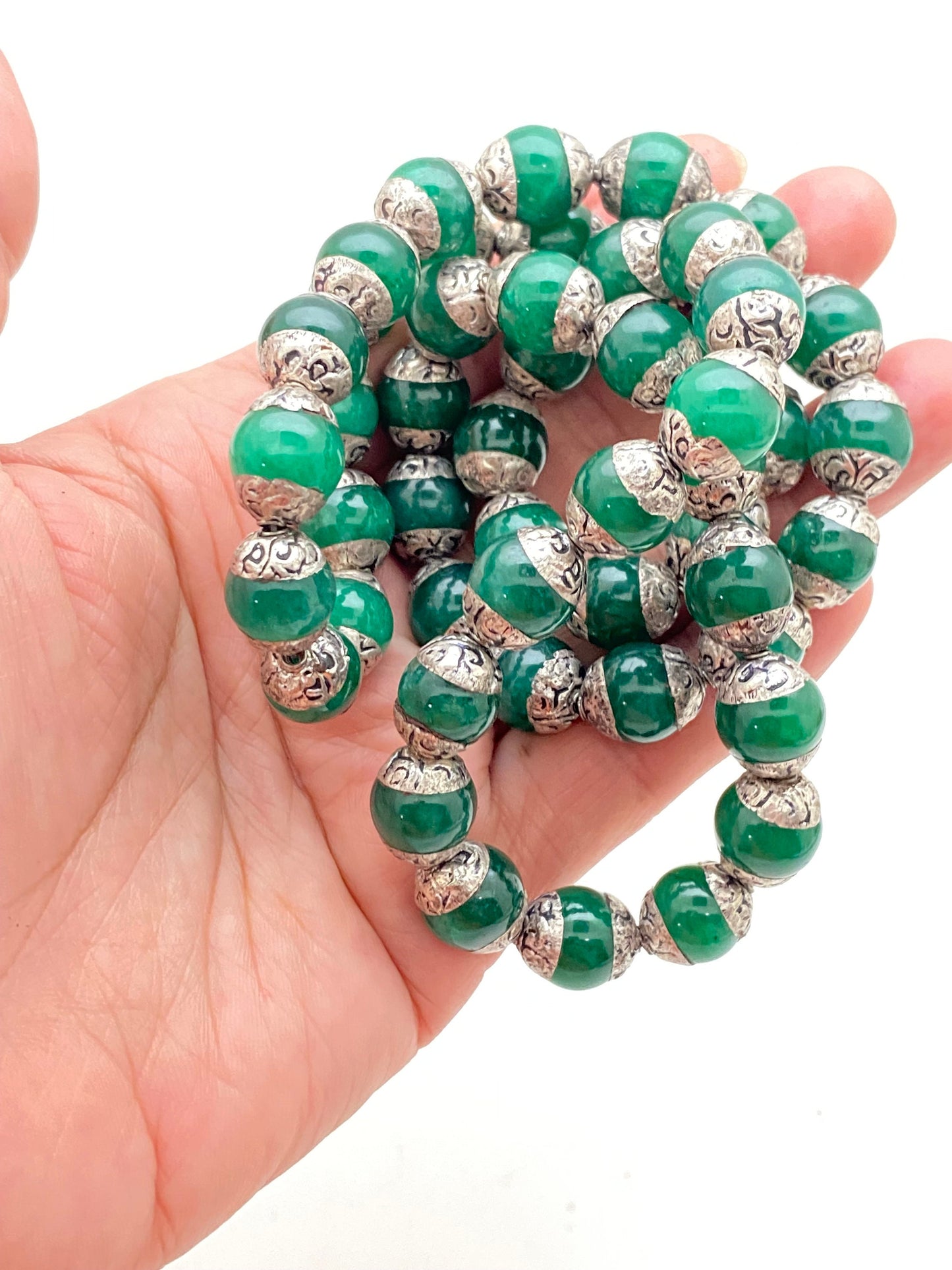 Emerald Bead Mala: Tibetan Silver Capped, Nepalese Himalayan Necklace
