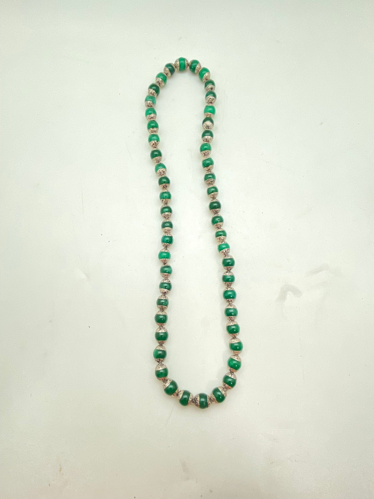 Emerald Bead Mala: Tibetan Silver Capped, Nepalese Himalayan Necklace
