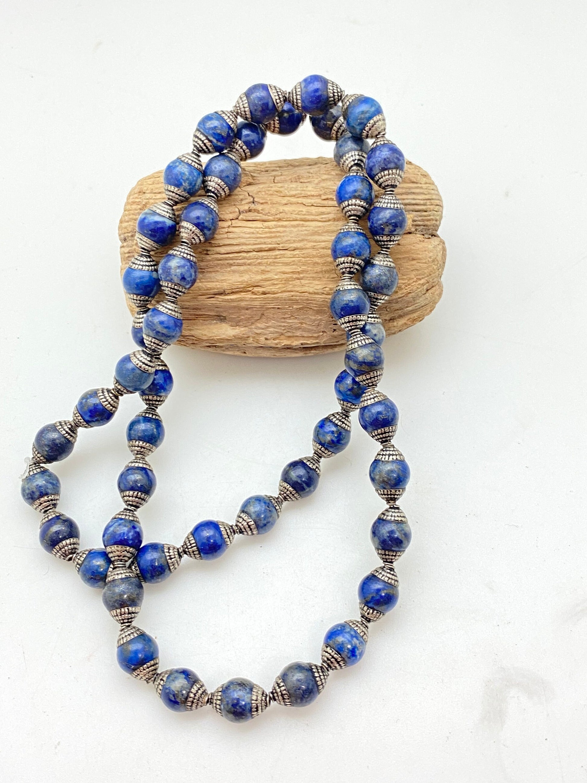 lapis bead mala brass capped, tibetan silver capped, jewelry making beads, handcrafted,tibetan silver,Nepal bead,10mm bead