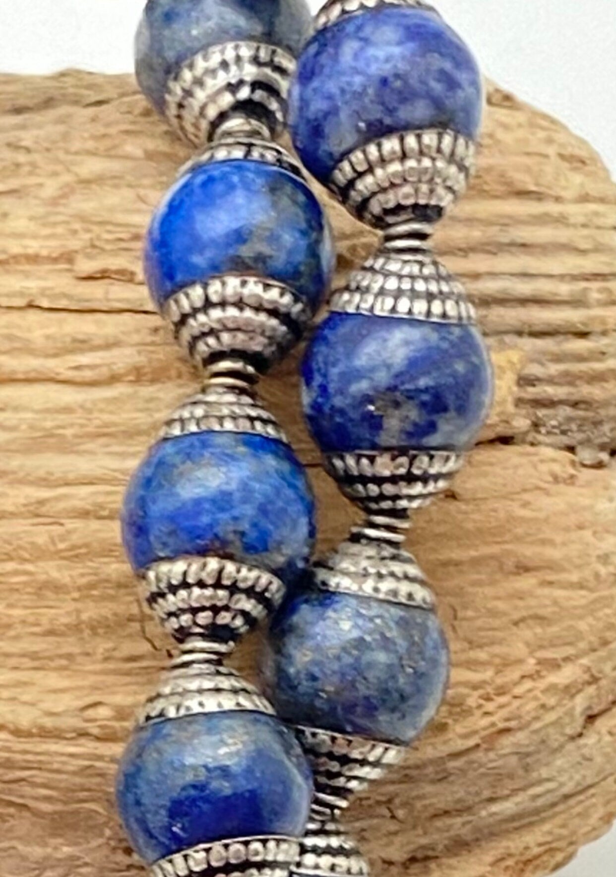 lapis bead mala brass capped, tibetan silver capped, jewelry making beads, handcrafted,tibetan silver,Nepal bead,10mm bead
