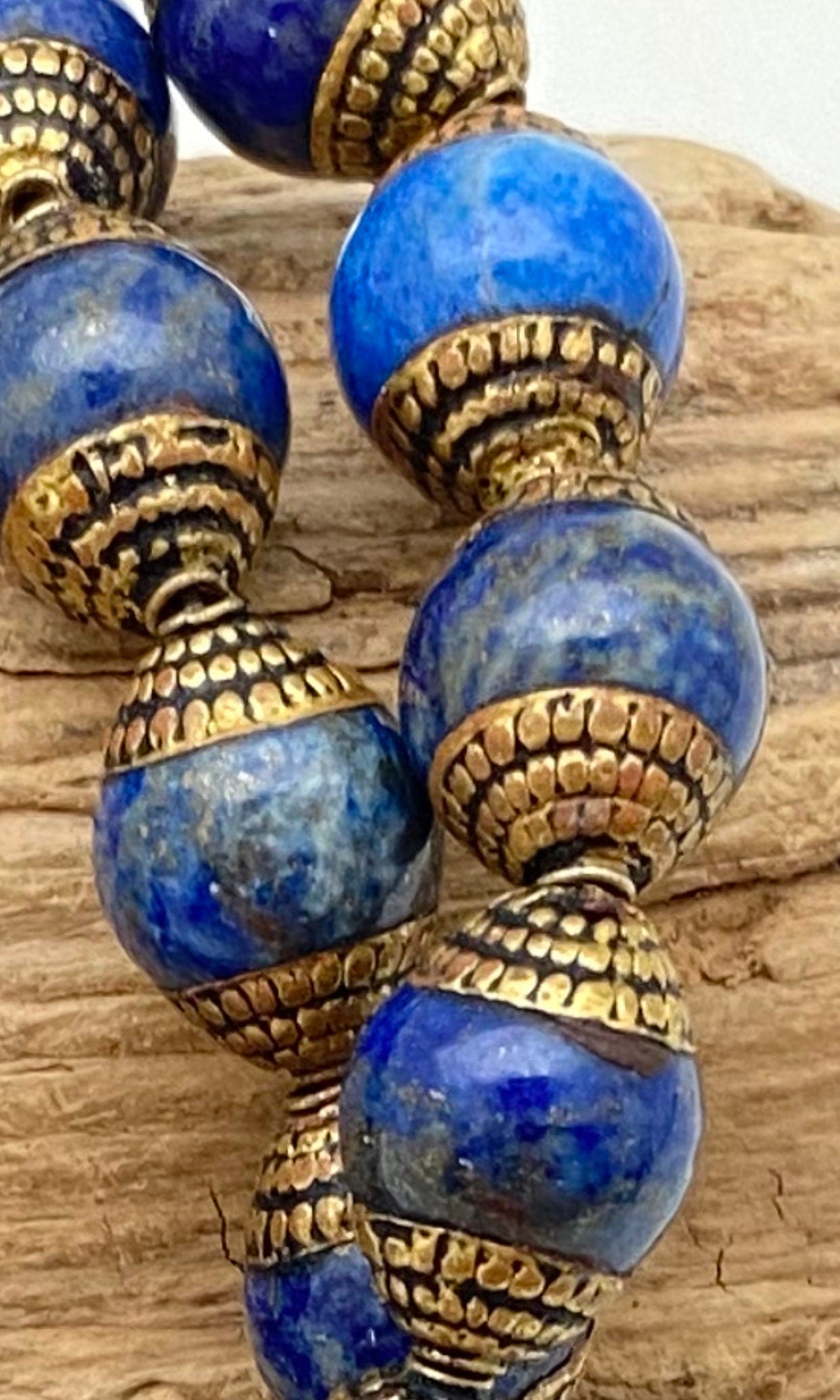 lapis bead mala brass capped, tibetan silver capped, jewelry making beads, handcrafted,tibetan silver,Nepal bead,10mm bead