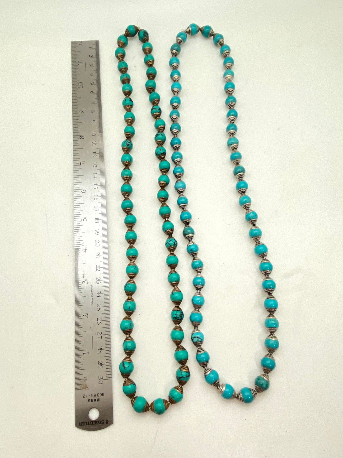 Turquoise beads,necklace,mala, handcrafted,tibetan silver,brass capped,Nepal bead,