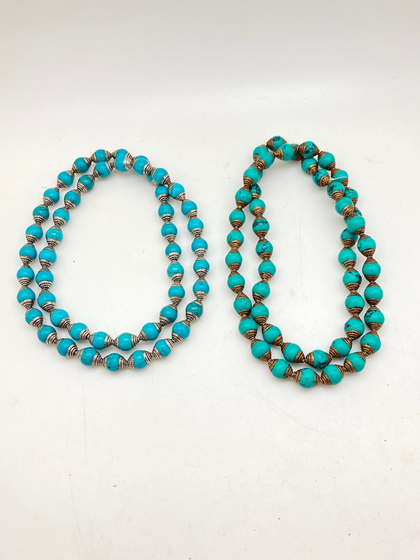 Turquoise beads,necklace,mala, handcrafted,tibetan silver,brass capped,Nepal bead,