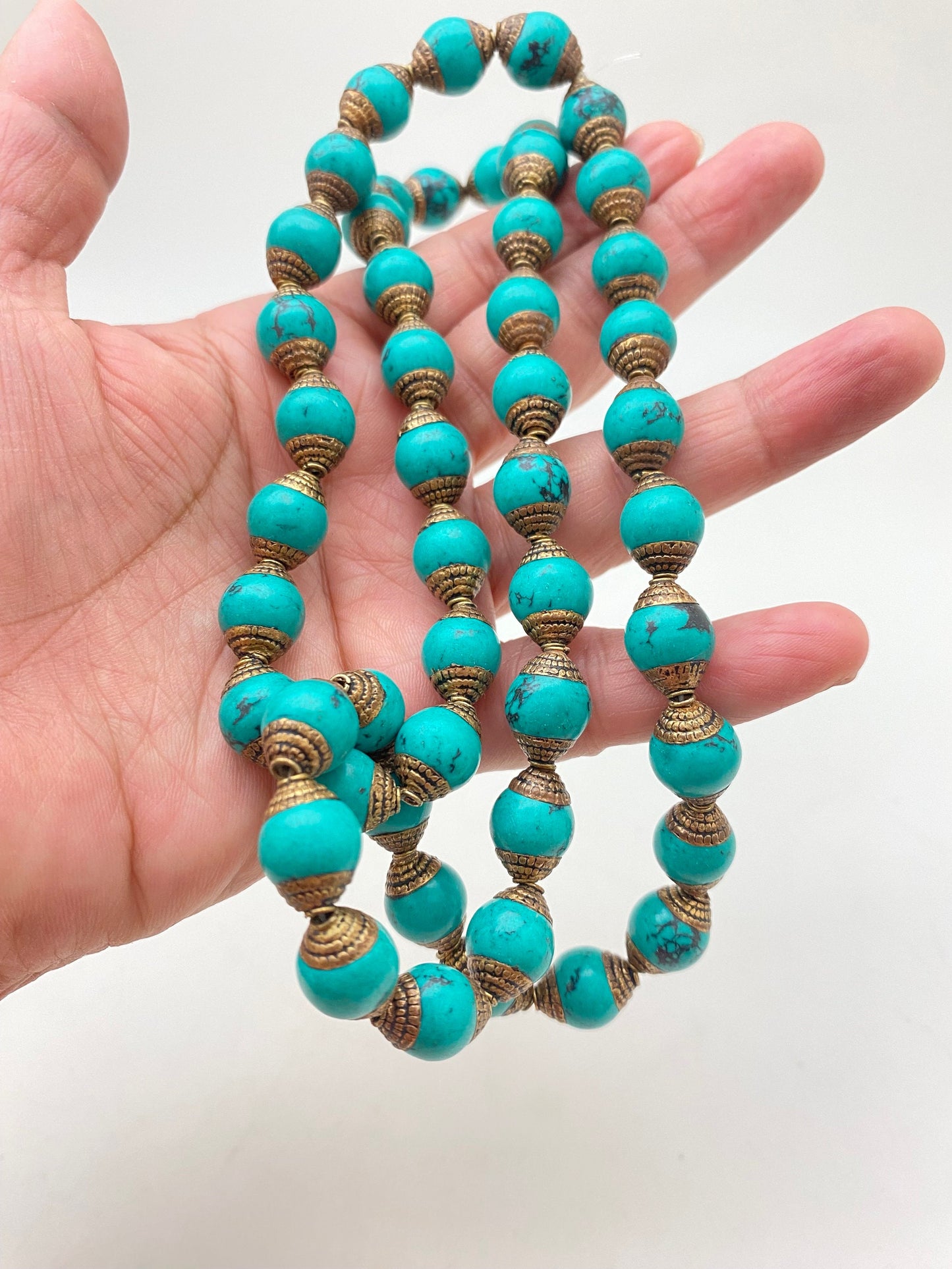 Turquoise beads,necklace,mala, handcrafted,tibetan silver,brass capped,Nepal bead,
