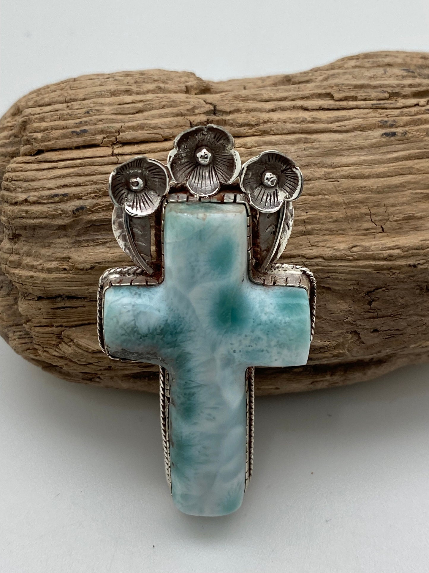 larimar cross pendant, sterling silver, master handcrafted