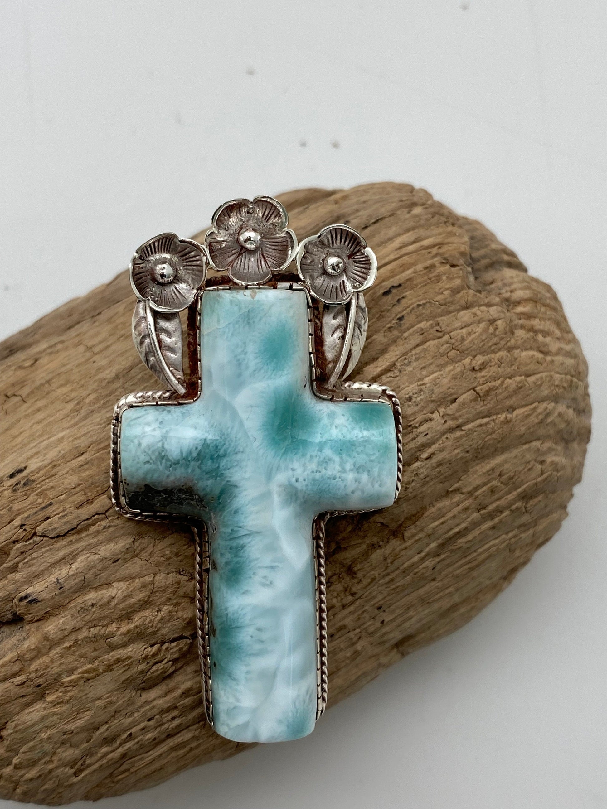 larimar cross pendant, sterling silver, master handcrafted