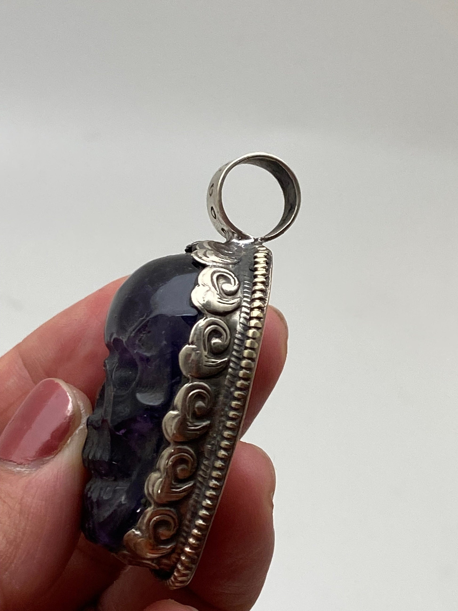 Amethyst carved skull pendant, handcrafted, hand carved,Tibetan silver,Himalayan, Nepalese
