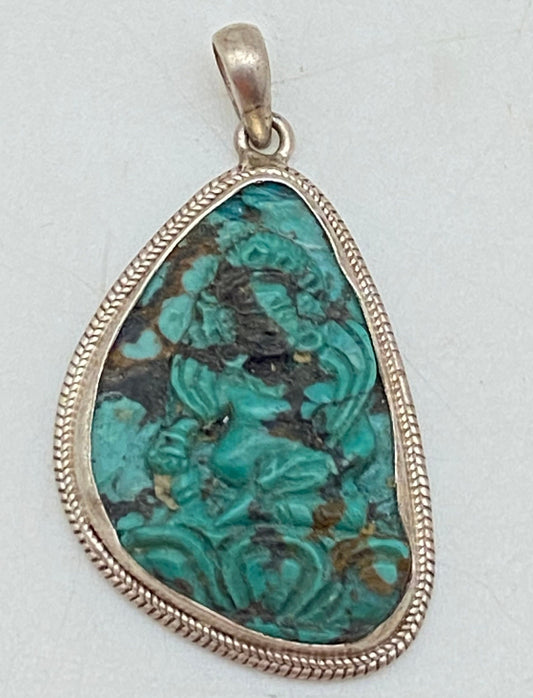 Handcrafted Turquoise Zambala Pendant: Sterling Silver Tibetan Amulet