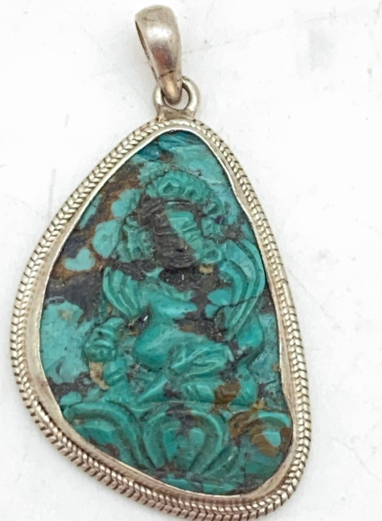 Handcrafted Turquoise Zambala Pendant: Sterling Silver Tibetan Amulet