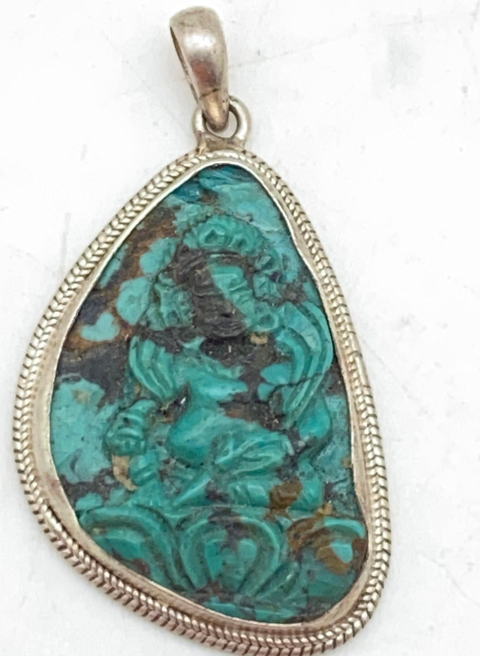 Handcrafted Turquoise Zambala Pendant: Sterling Silver Tibetan Amulet