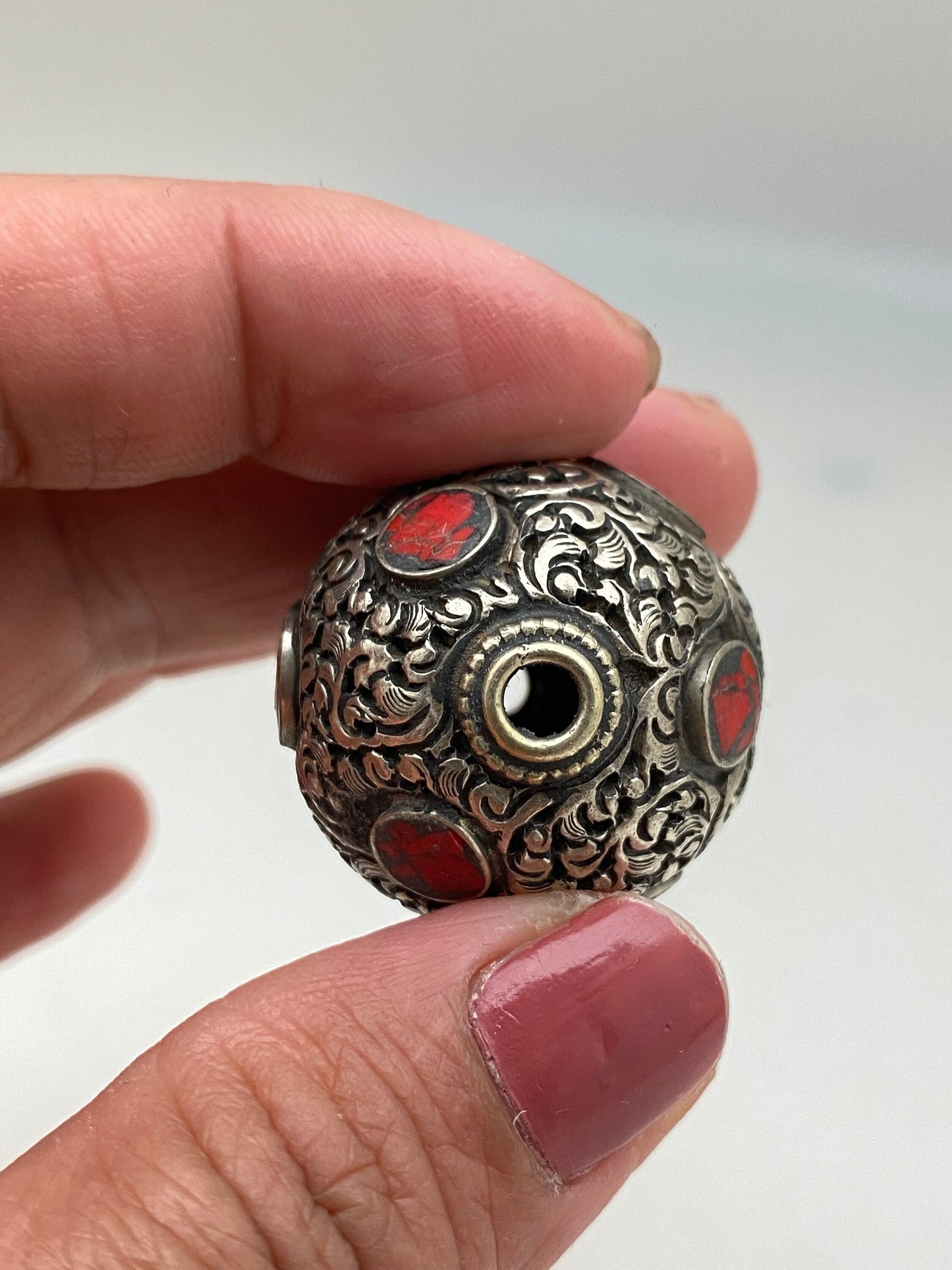 Coral Inlaid Tibetan Silver Bead: Handcrafted Nepalese Bead (30mm)
