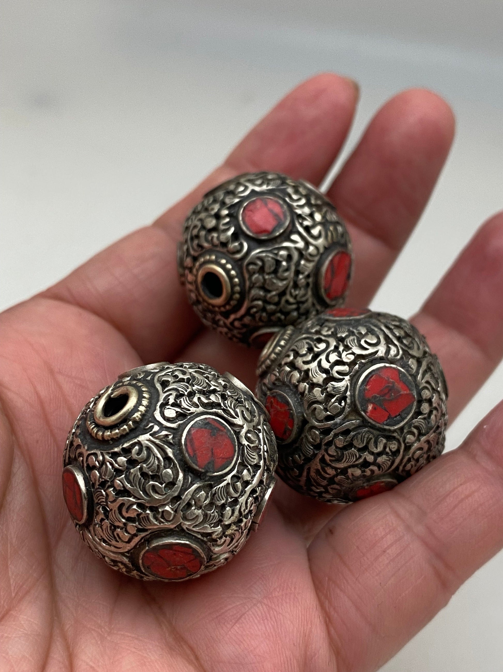 Coral Inlaid Tibetan Silver Bead: Handcrafted Nepalese Bead (30mm)