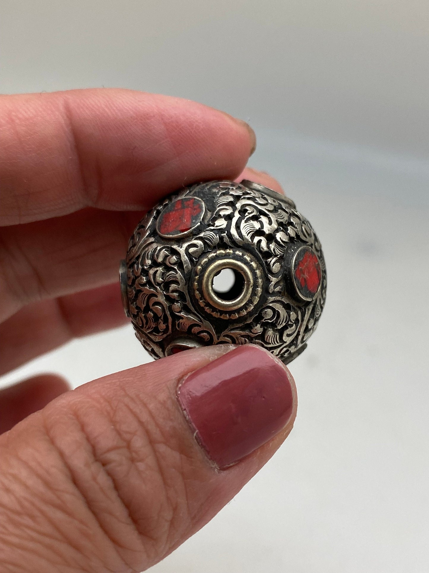 Coral Inlaid Tibetan Silver Bead: Handcrafted Nepalese Bead (30mm)