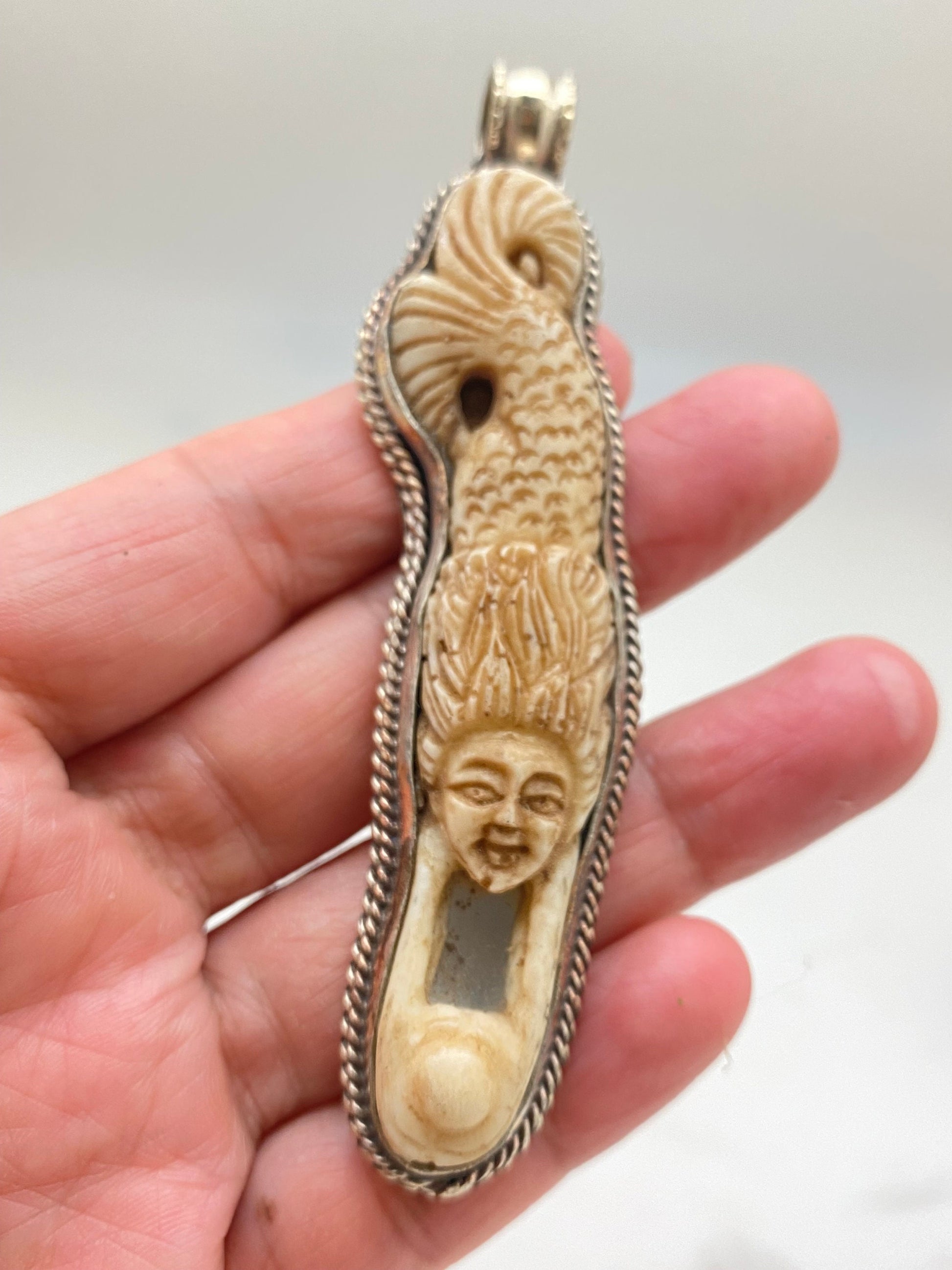 mermaid pendant, bone carved, handcrafted,tibetan silver,Nepalese,