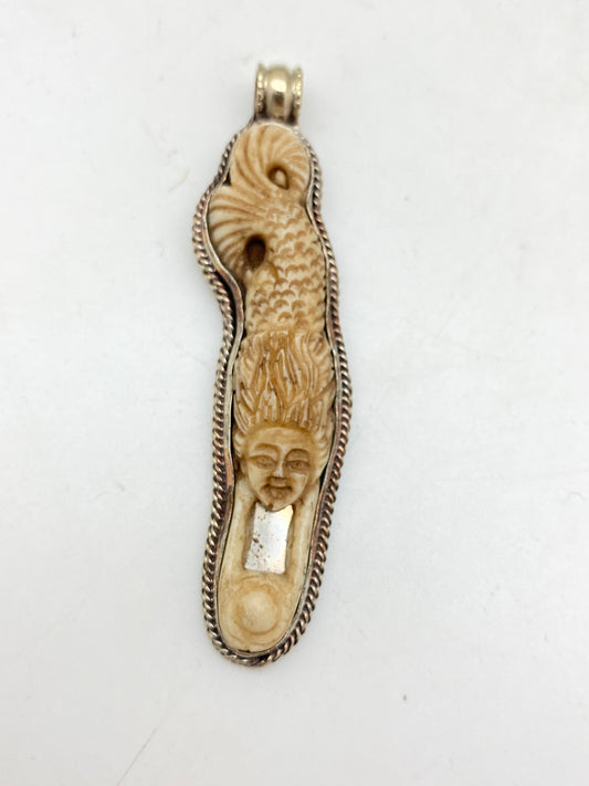 mermaid pendant, bone carved, handcrafted,tibetan silver,Nepalese,