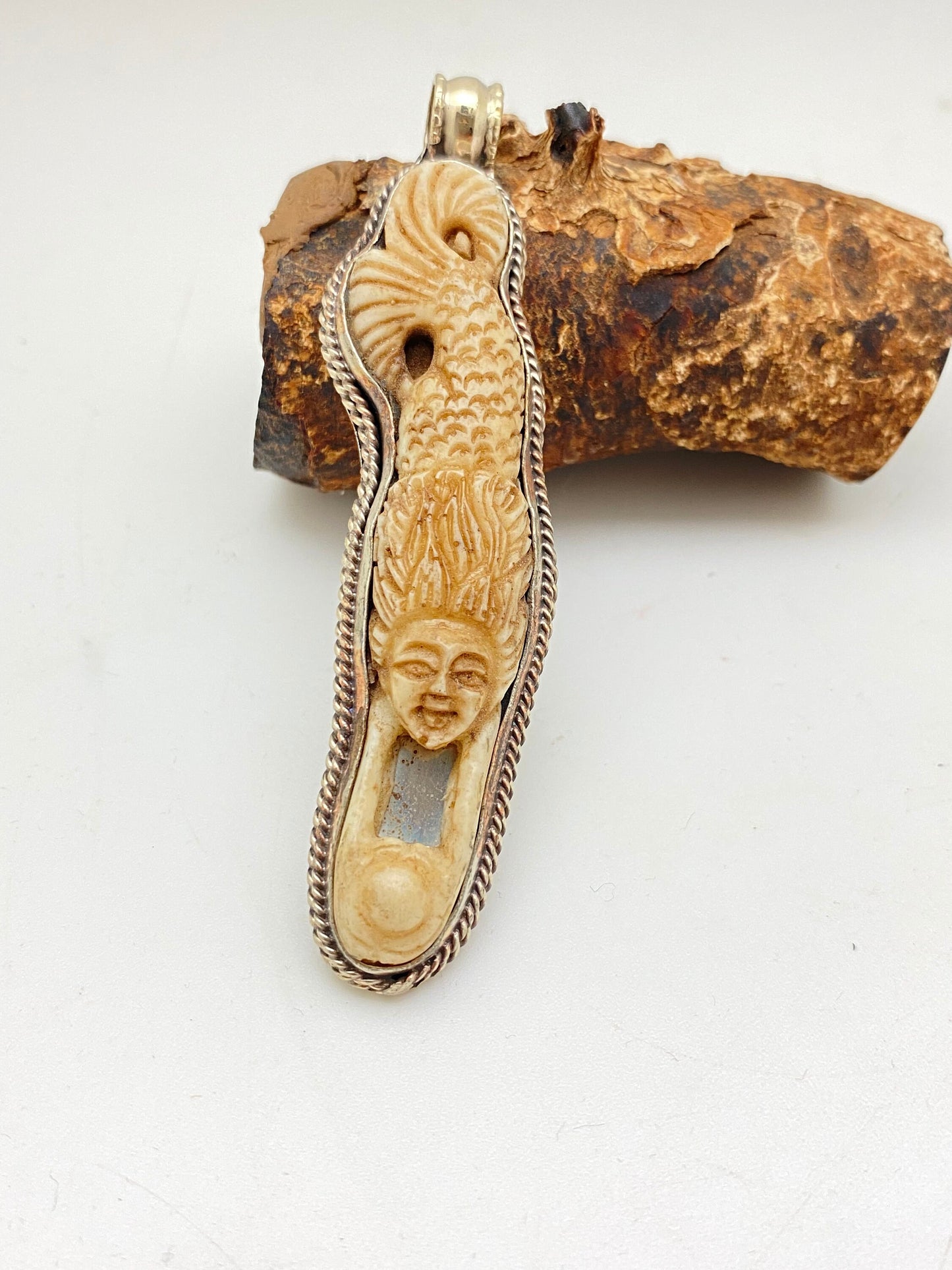 mermaid pendant, bone carved, handcrafted,tibetan silver,Nepalese,