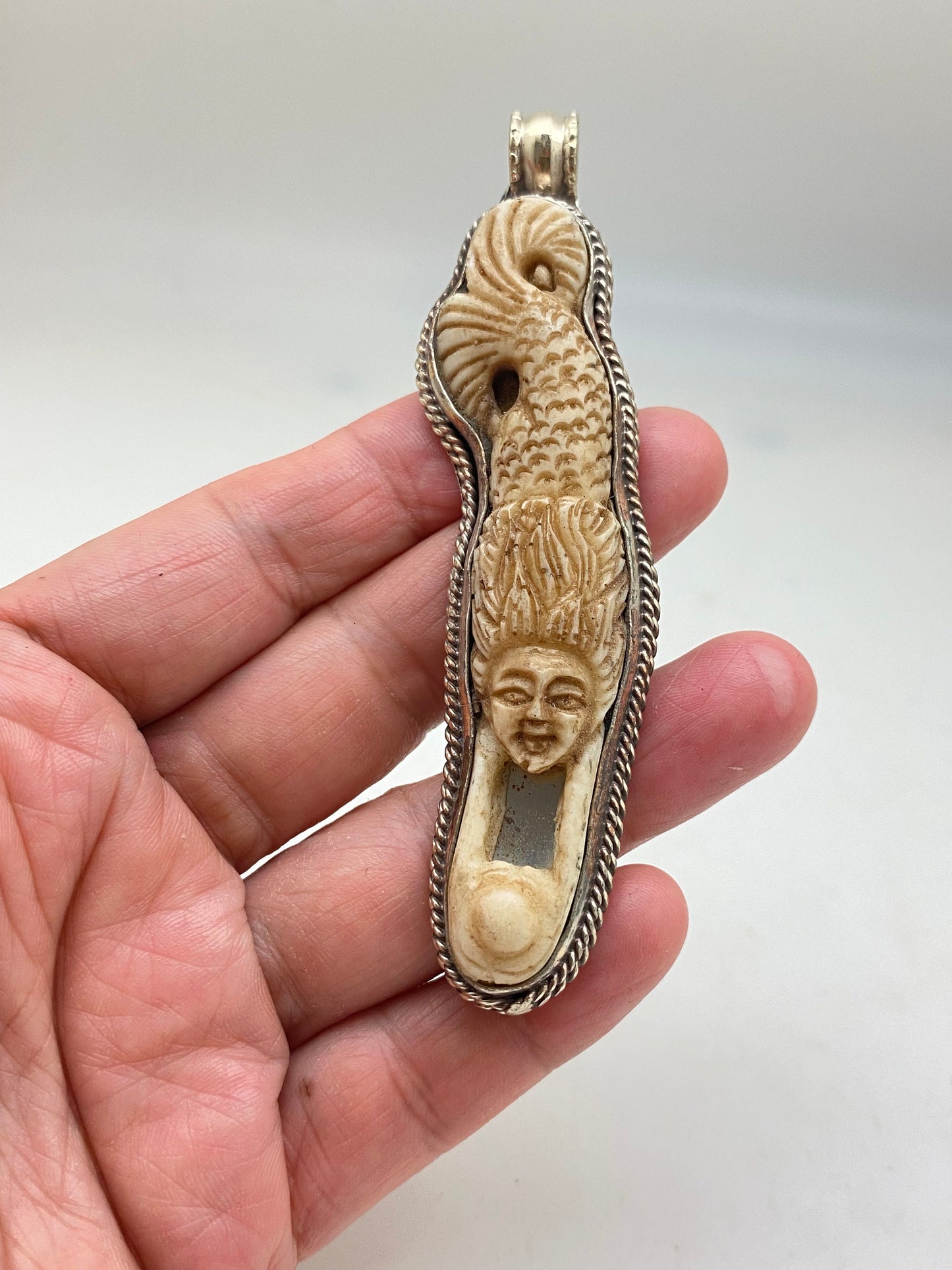 mermaid pendant, bone carved, handcrafted,tibetan silver,Nepalese,