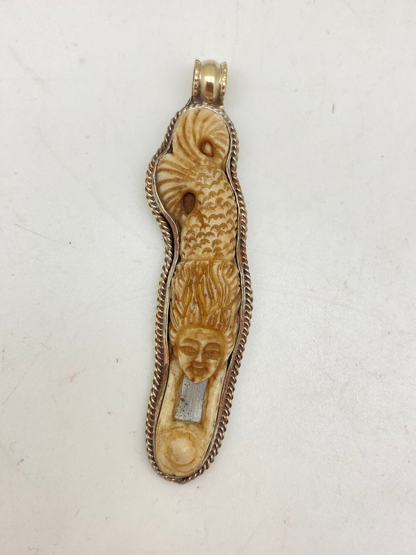 mermaid pendant, bone carved, handcrafted,tibetan silver,Nepalese,