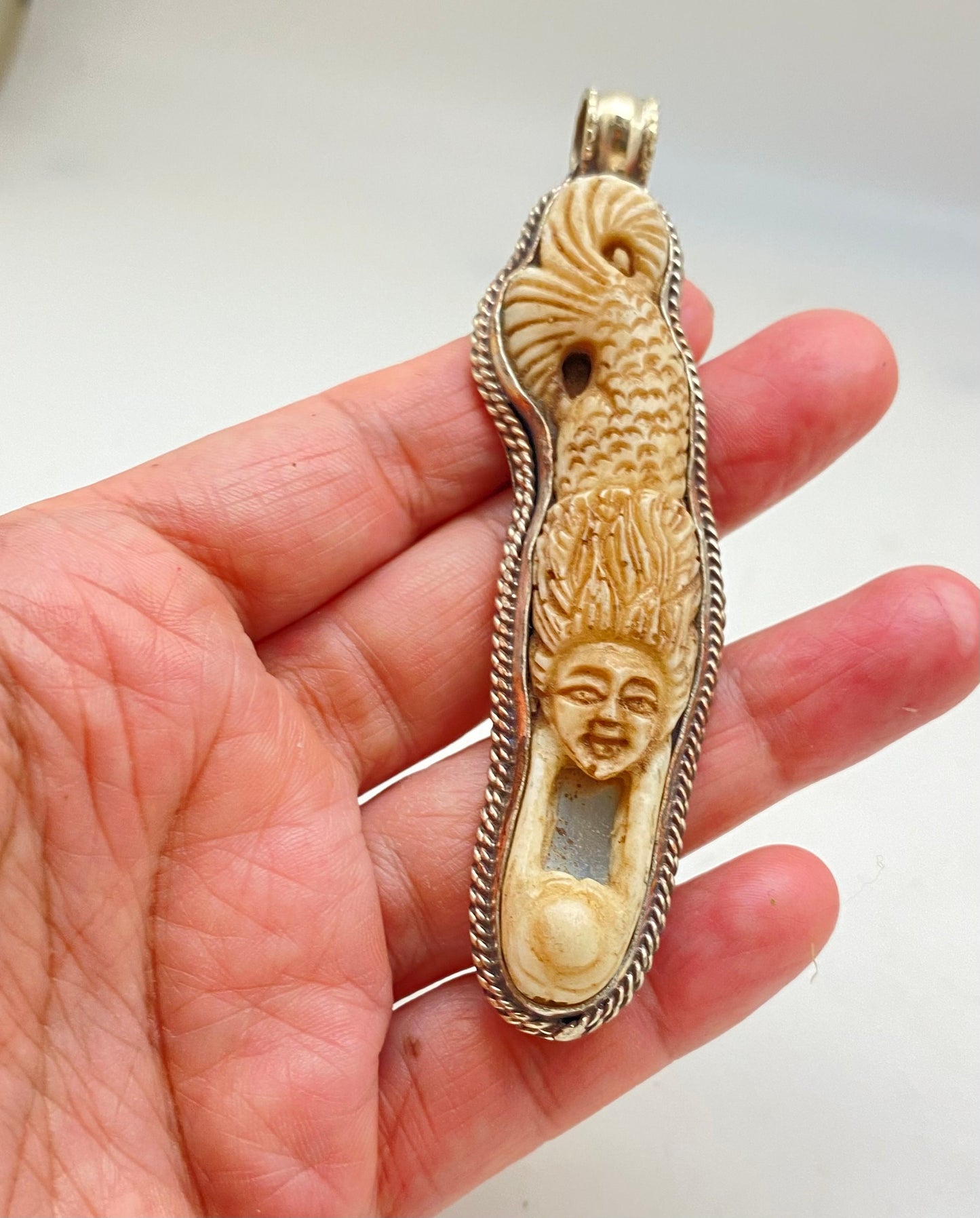 mermaid pendant, bone carved, handcrafted,tibetan silver,Nepalese,