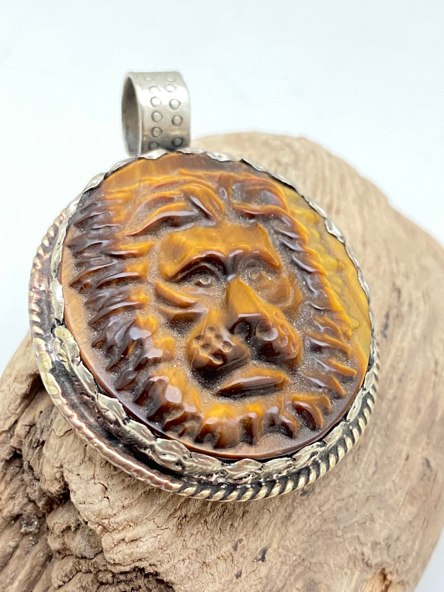 tiger eye carved lion pendant, tibetan silver, handcrafted,himalayan,Nepalese,