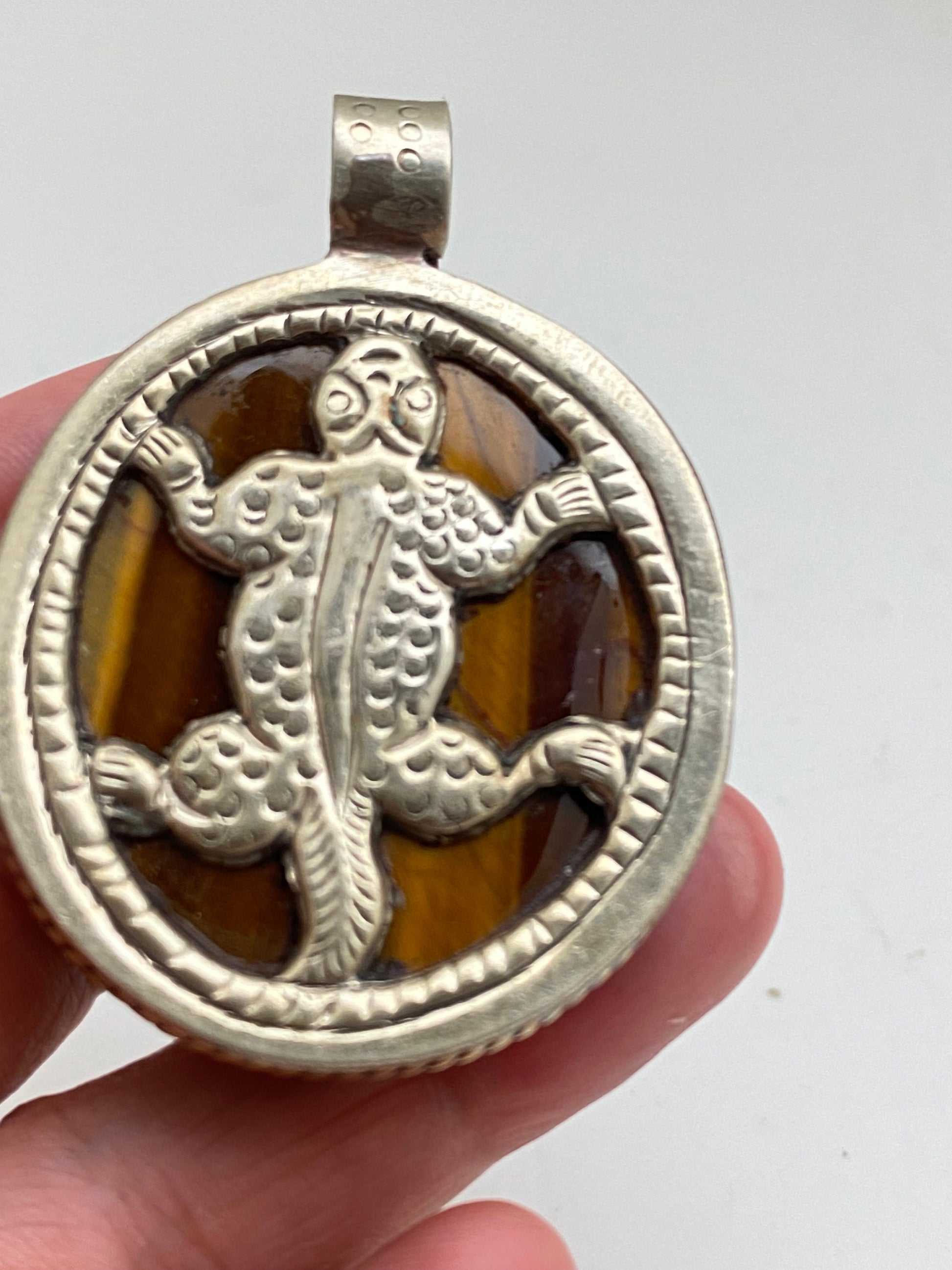 tiger eye carved lion pendant, tibetan silver, handcrafted,himalayan,Nepalese,