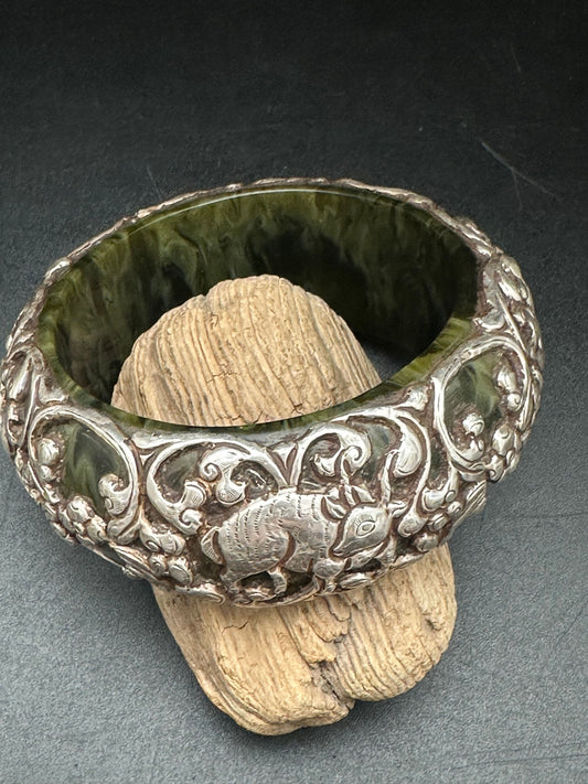 Tibetan bangle, sterling silver, animal design, resine core , master handcrafted tribal ethnic jewelry