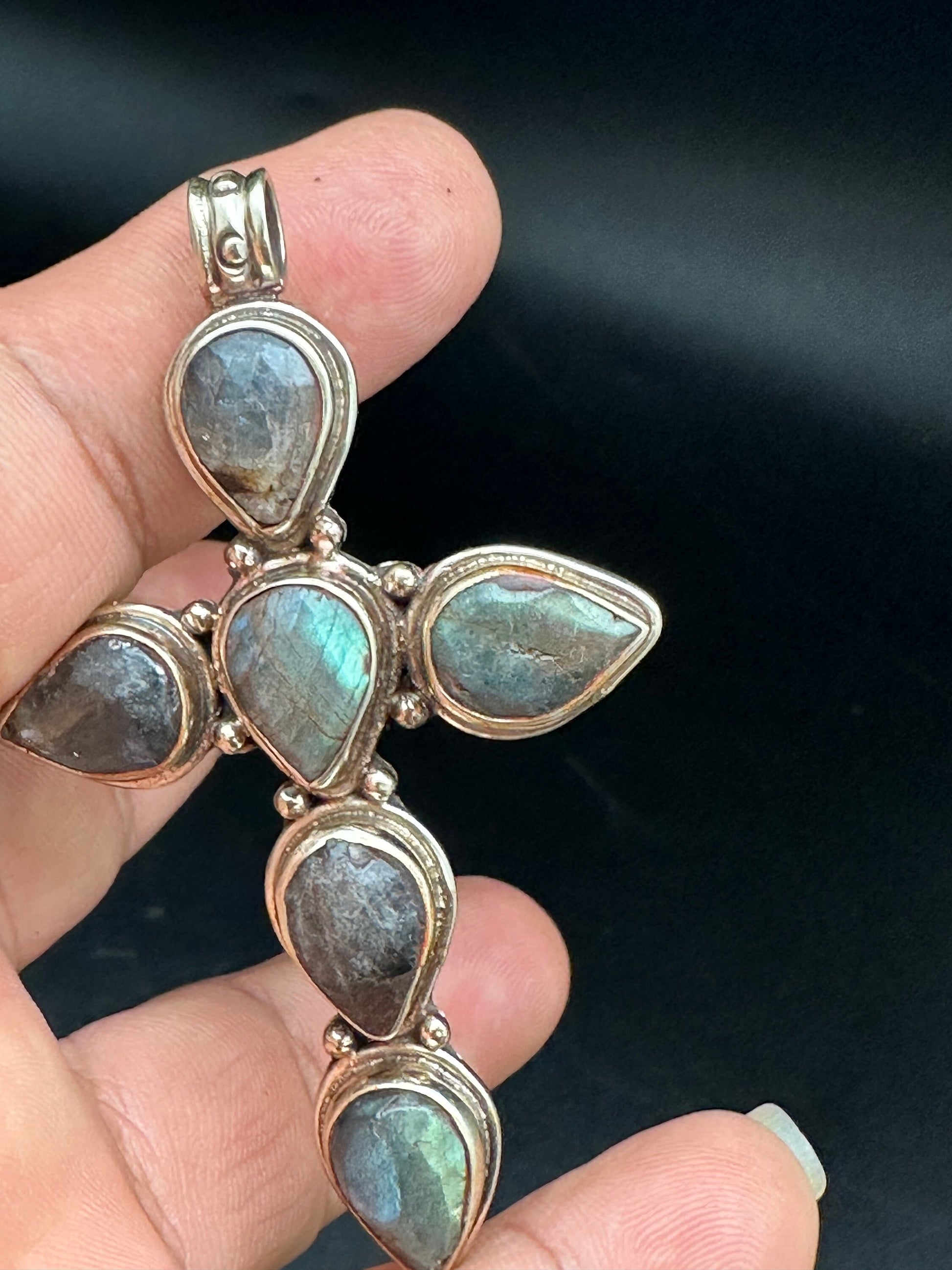 labradorite cross pendant, master handcrafted, Tibetan repousse silver,