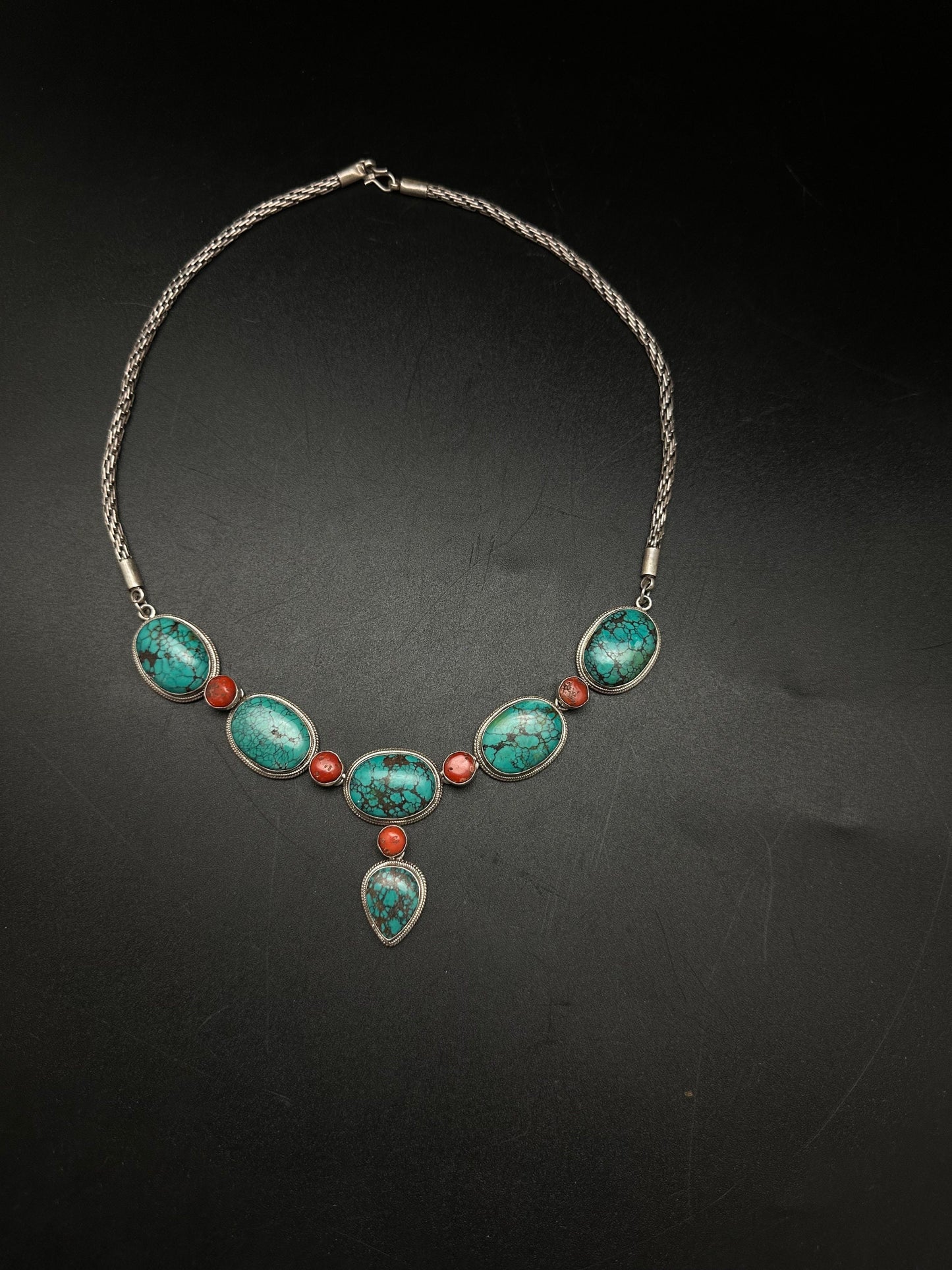 Tibetan turquoise necklace, natural turquoise and cot, sterling silver master handcrafted from nepal