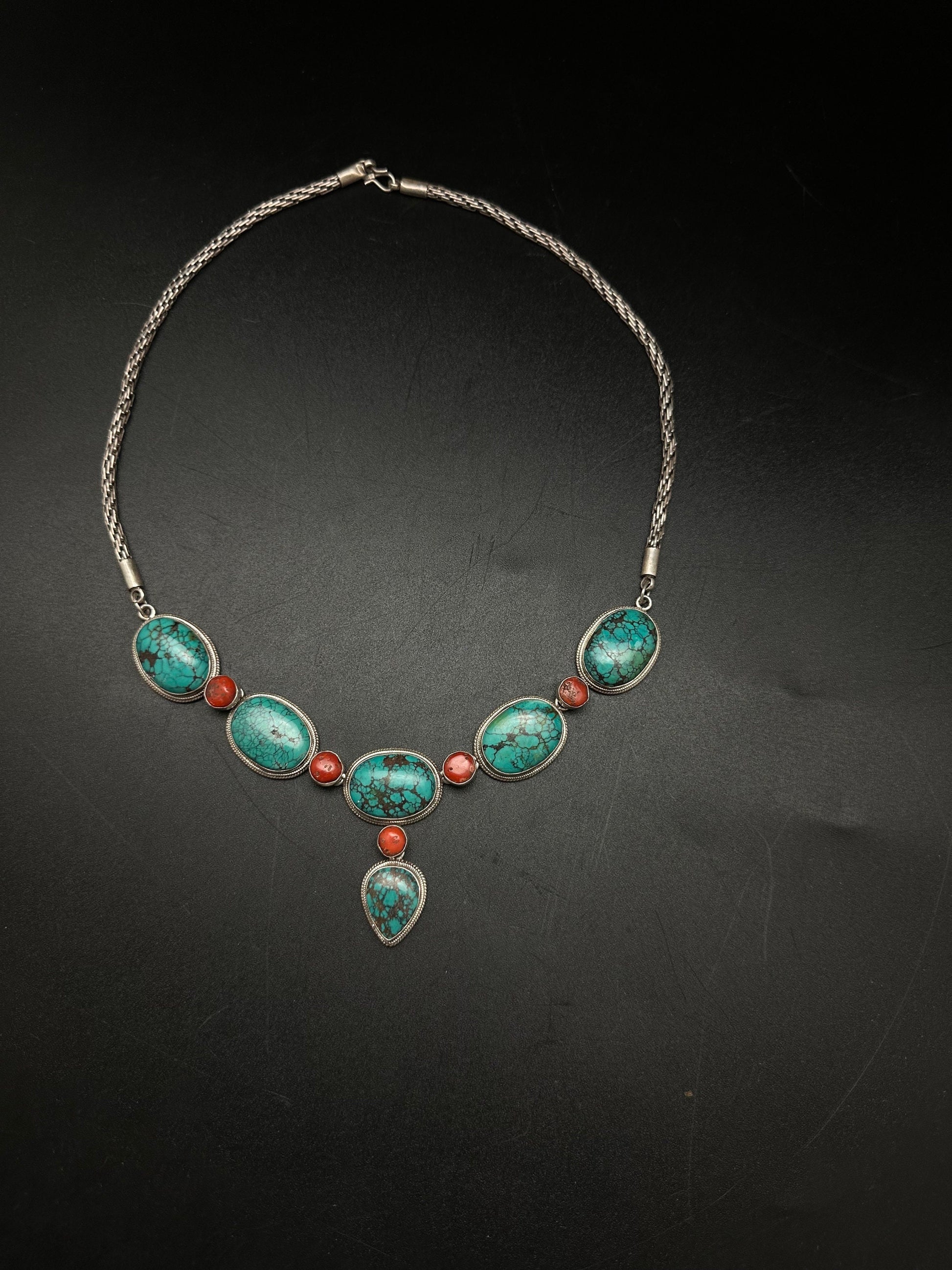 Tibetan turquoise necklace, natural turquoise and cot, sterling silver master handcrafted from nepal