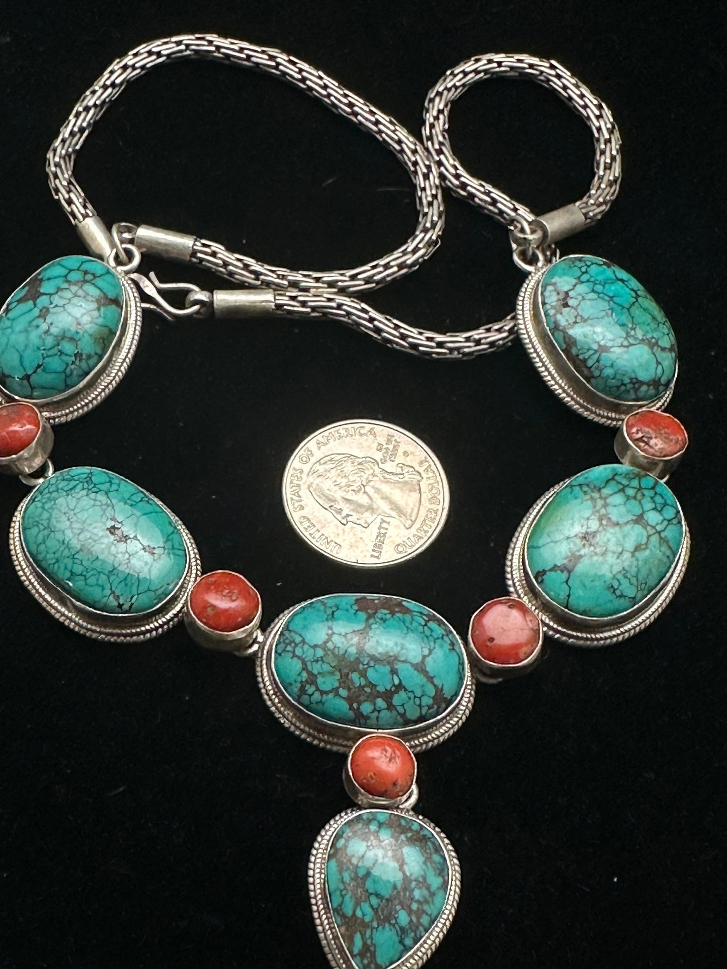 Tibetan turquoise necklace, natural turquoise and cot, sterling silver master handcrafted from nepal