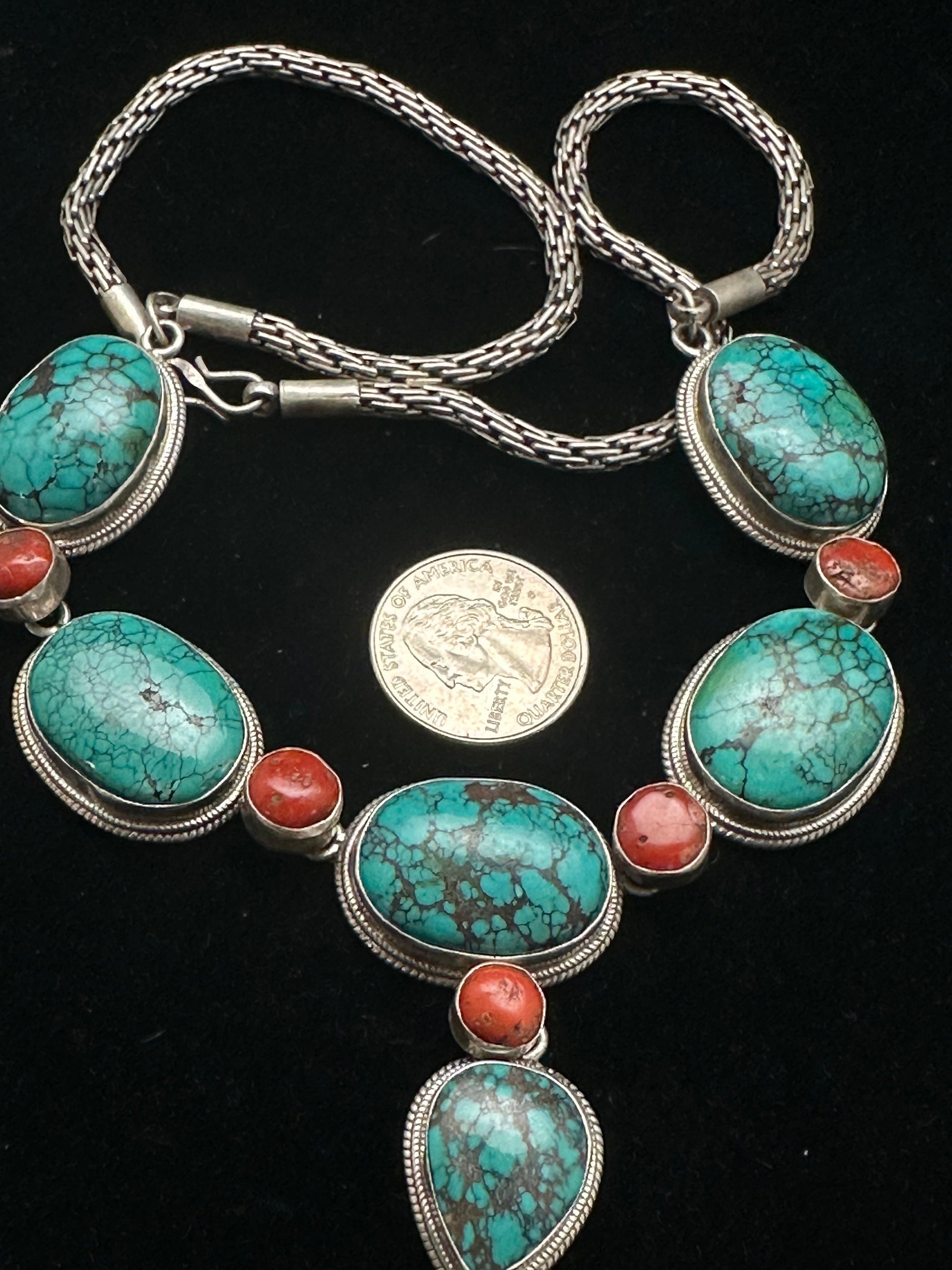 Tibetan turquoise necklace, natural turquoise and cot, sterling silver master handcrafted from nepal