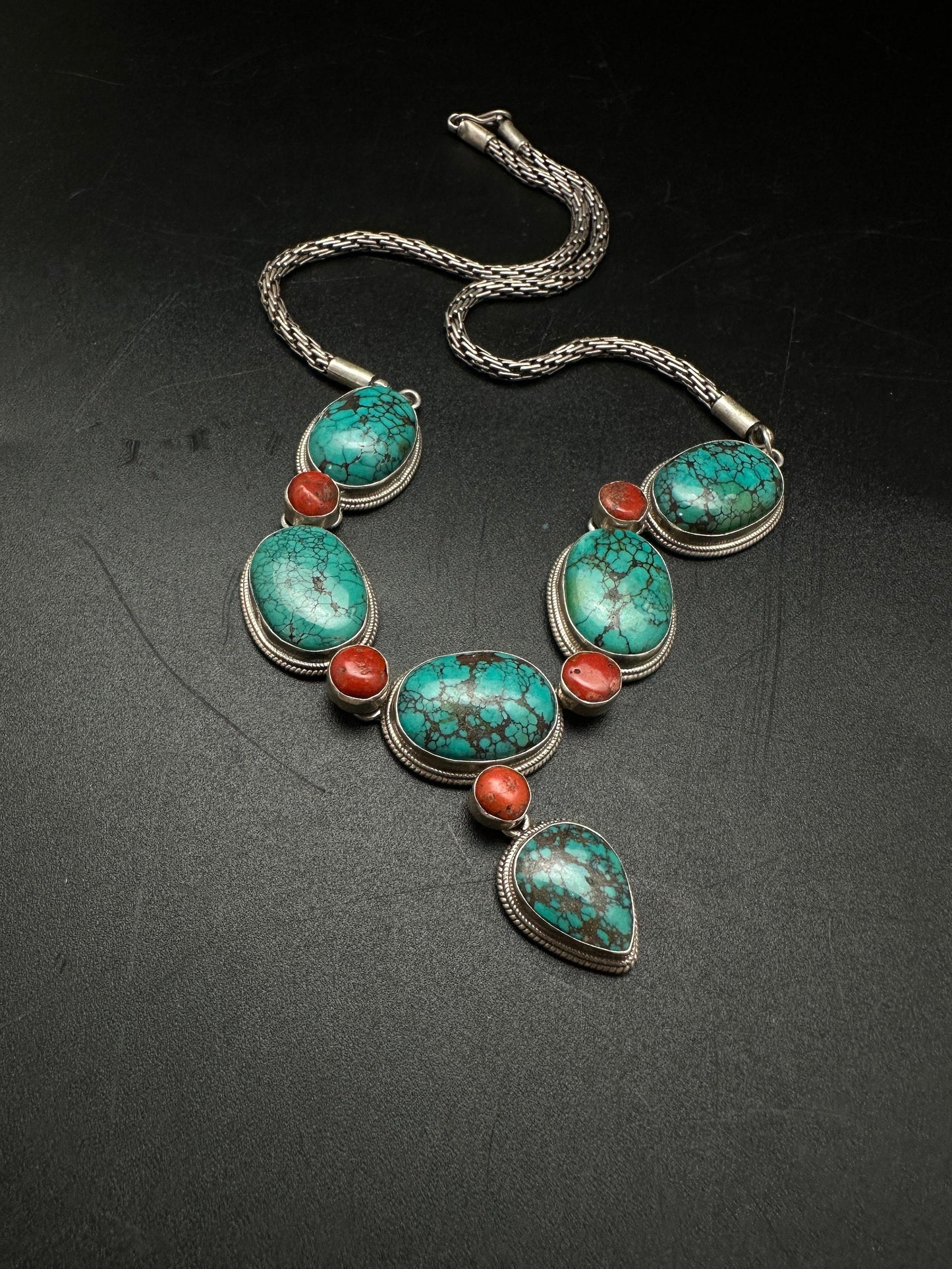 Tibetan turquoise necklace, natural turquoise and cot, sterling silver master handcrafted from nepal